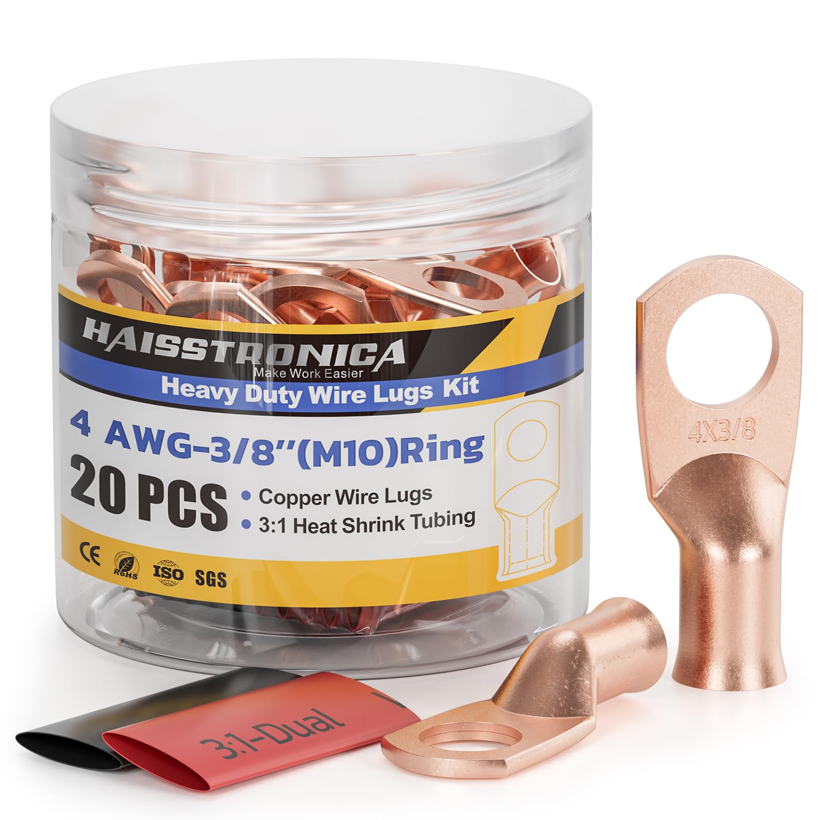 Haisstronica 4AWG Copper Cables and Connectors – 3/8" M10 Ring Terminals, 20PCS Kit (UL Approved).