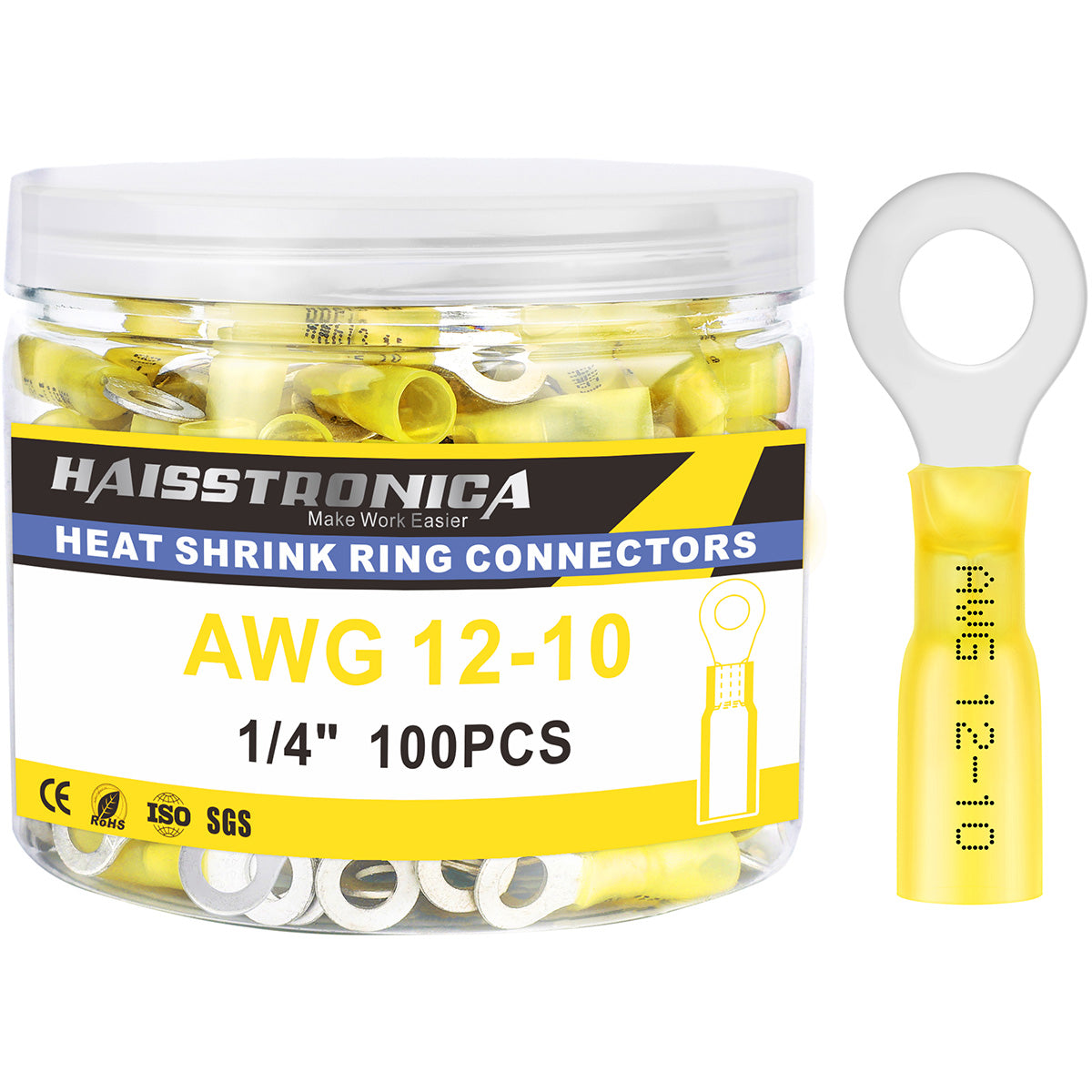 Haisstronica heat shrink ring terminal connectors, 1/4" 100PCS, for AWG 12-10 secure connections.