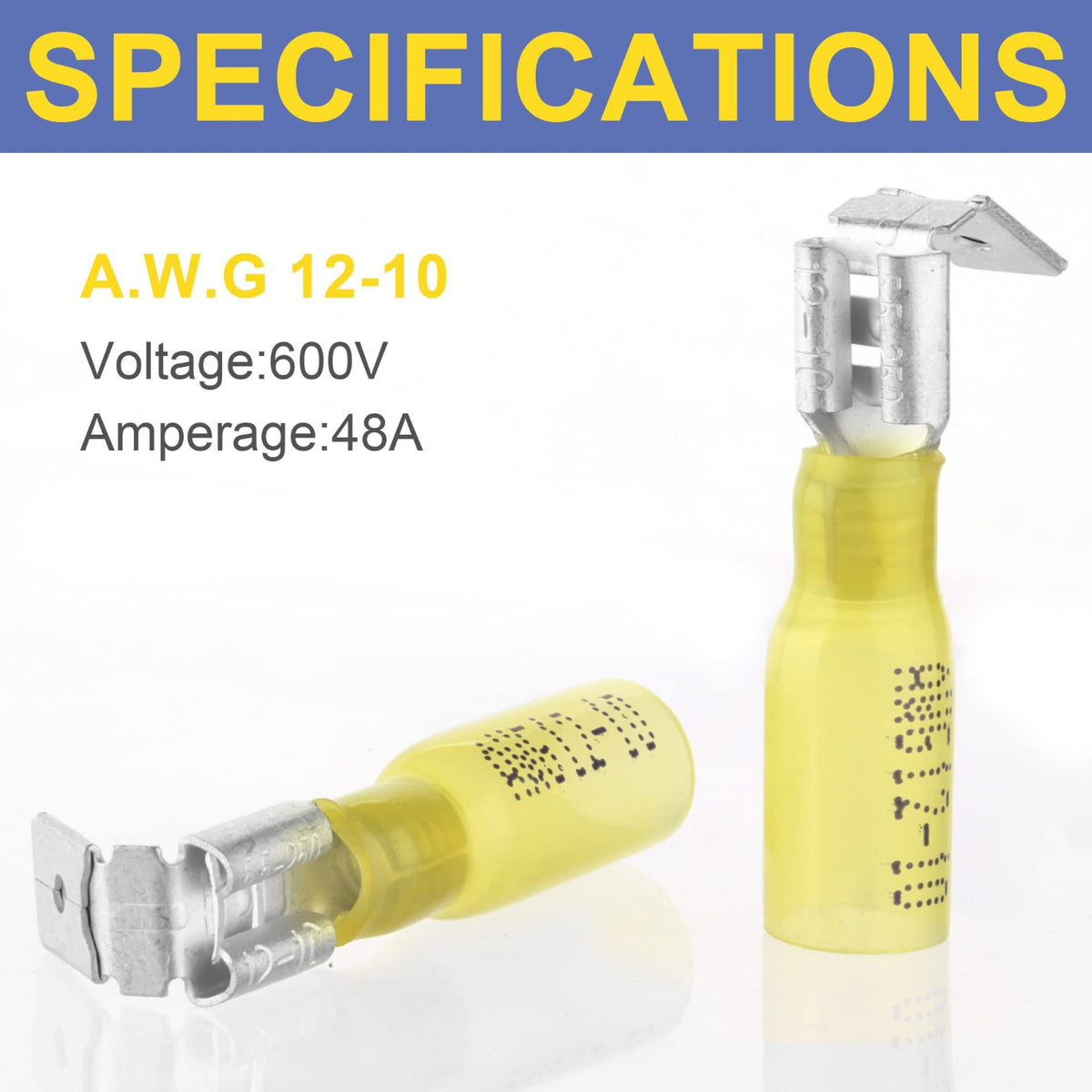 Heavy-duty Haisstronica heat shrink marine electrical connectors (12-10AWG), rated 600V/48A for industrial use.