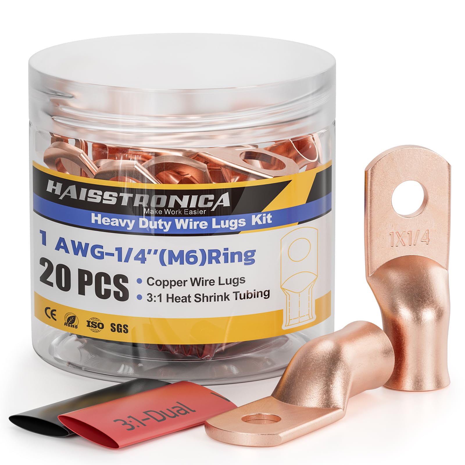 Haisstronica 1 AWG-1/4" M6 battery cable joiners, 20PCS, 3:1 heat shrink tubing for seamless connections.