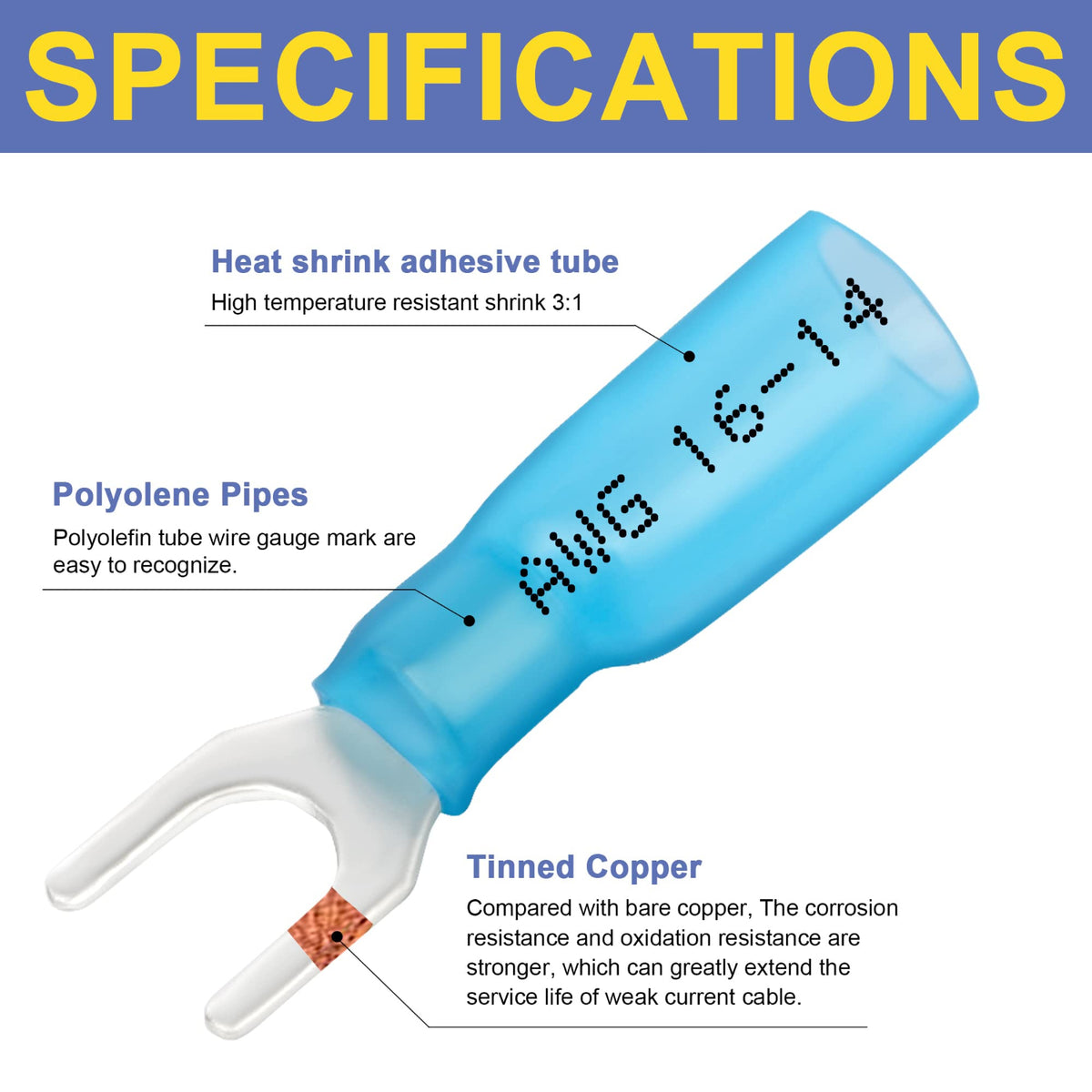 Haisstronica heat shrink electrical connectors: 3:1 tubing, corrosion-resistant tinned copper terminals.