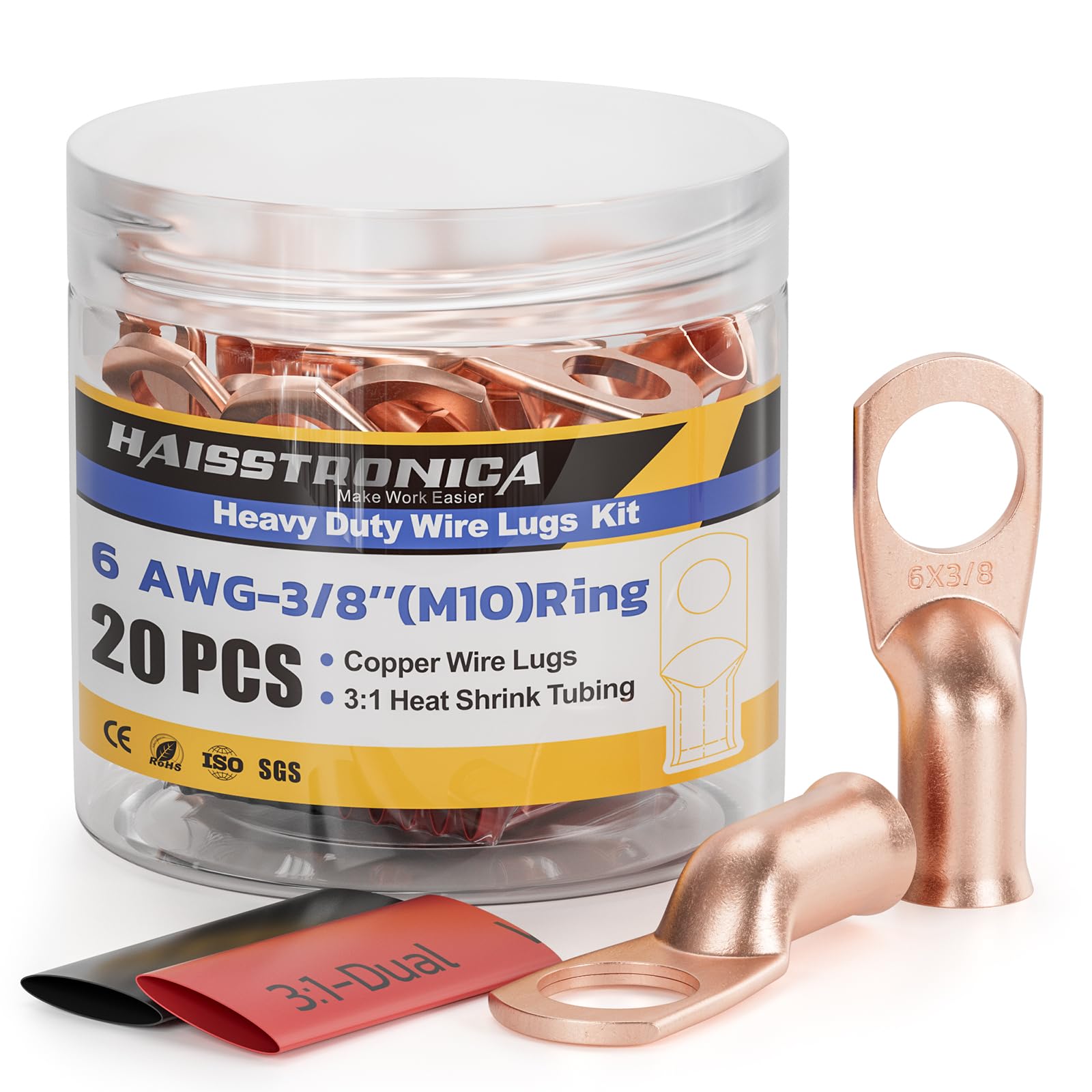 Haisstronica 6 AWG-3/8" Copper Wire Connectors – M10 Ring Lugs, 3:1 Dual Shrink Tubing, 20PCS Kit (RoHS/UL Certified).
