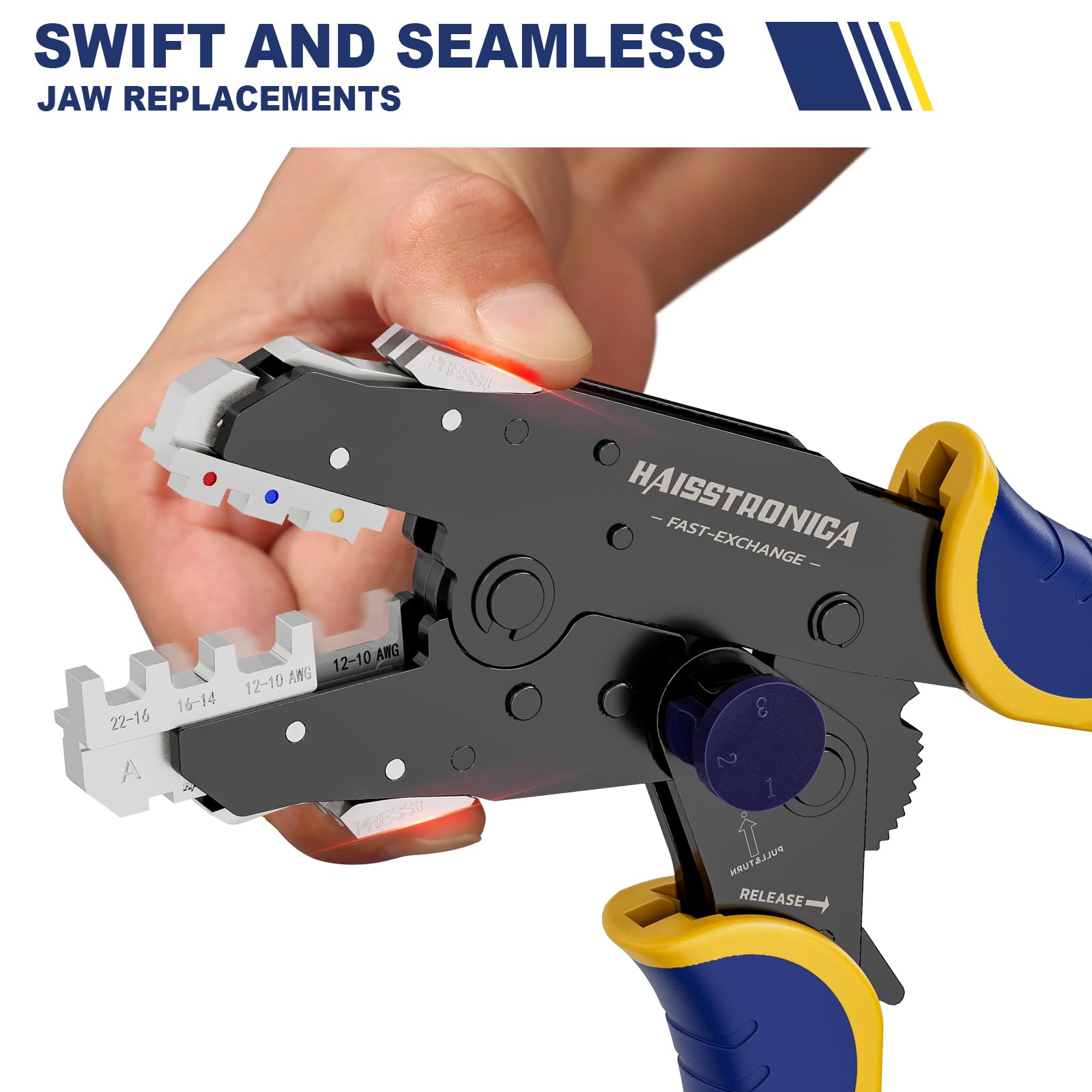Haisstronica electrical crimping tool, SWIFT jaw replacement, 12-10/16-14 AWG, multi-jaw design, professional electrical kit.