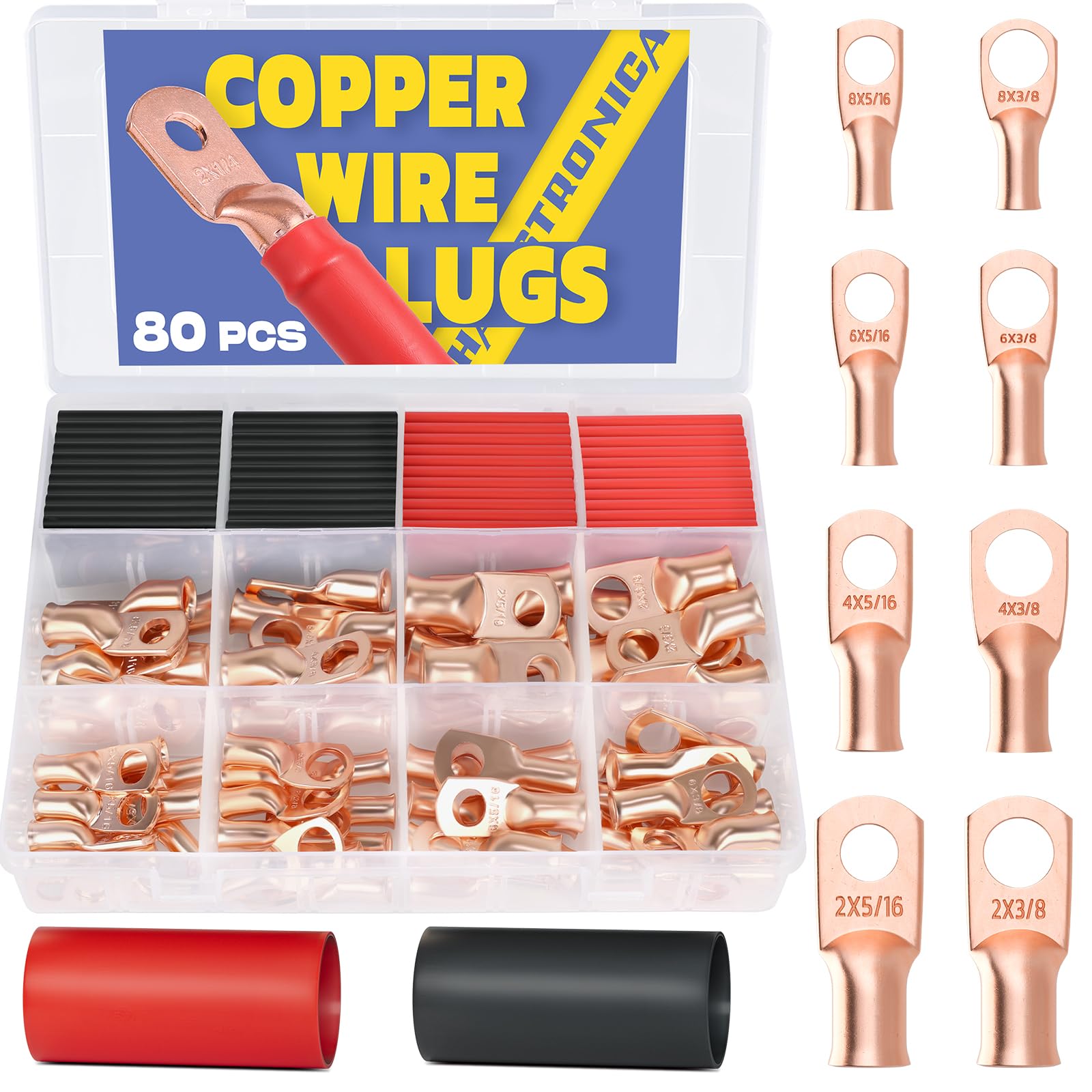 Haisstronica battery terminal wire connectors: 80PCS mixed-size copper lugs for automotive and industrial setups.