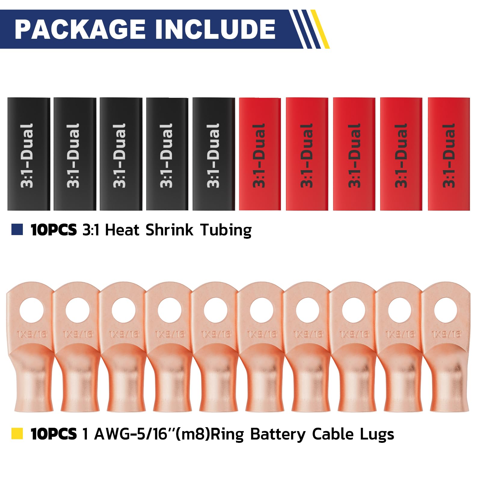 Haisstronica 1 AWG-5/16" M8 ring battery quick connects, 10PCS, includes 3:1 heat shrink tubing for fast installation.