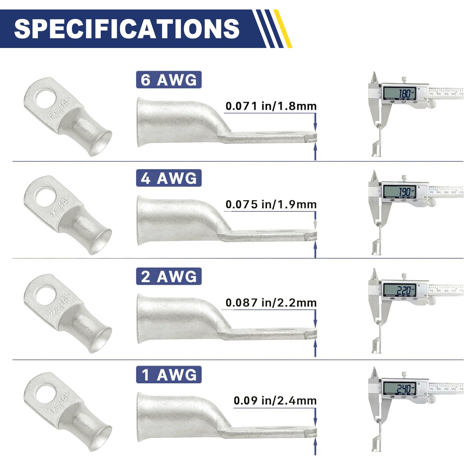 Precision measurements for copper cable lugs, 6 to 1 AWG, shown with calipers to help choose the right lug terminal for builds.