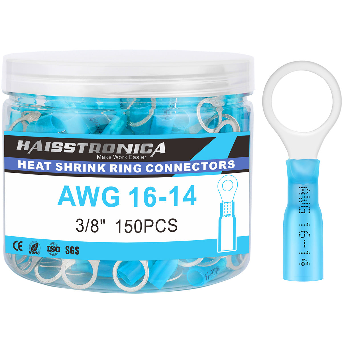 Haisstronica heat shrink butt splice connectors, 3/8" 150PCS, designed for AWG 16-14 cable splicing.
