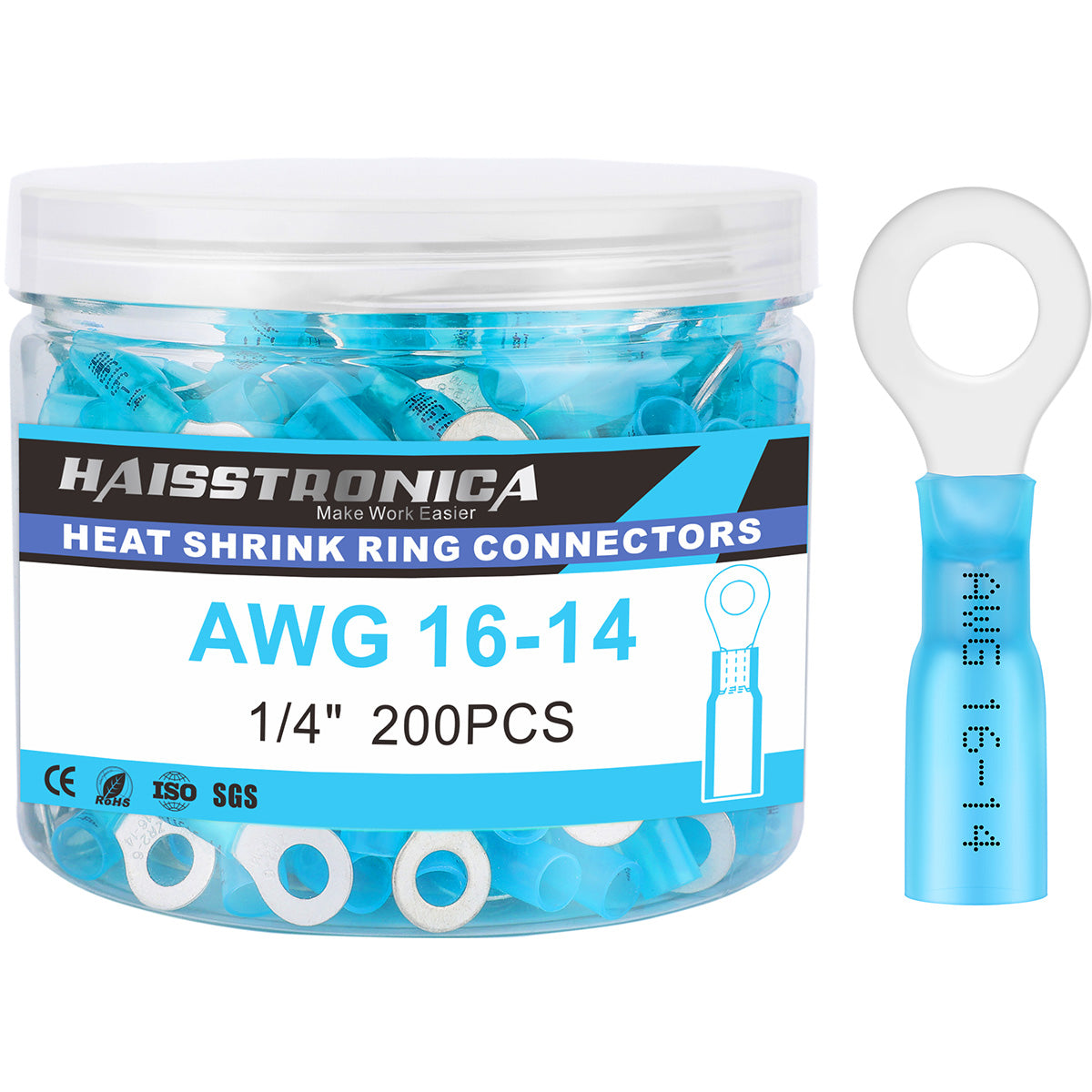 Haisstronica heat shrink crimp terminals, 1/4" 200PCS, suitable for AWG 16-14 electrical connections.