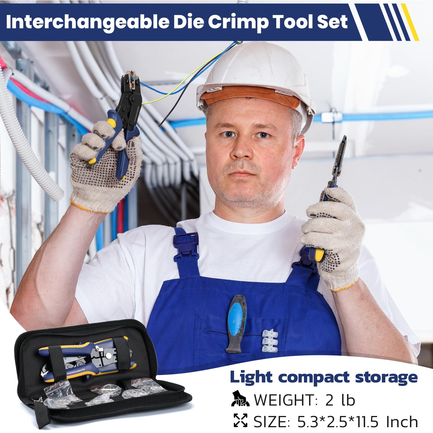 Durable wire crimping tools demonstrated by electrician, lightweight portable set ideal for home, automotive, and industrial work.