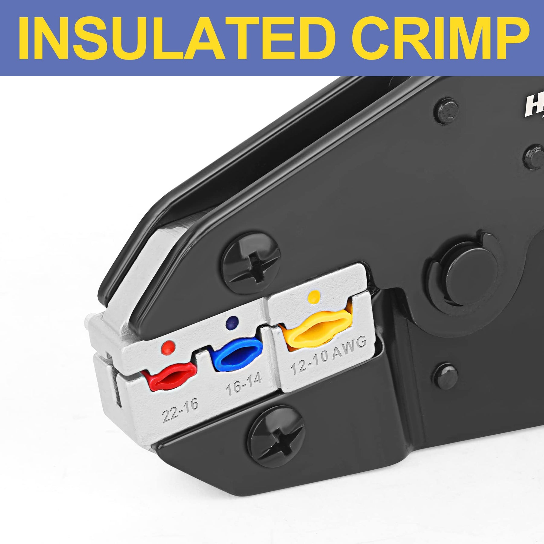 Haisstronica Insulated Crimping Tool - Red/blue/yellow AWG 22-16,16-14,12-10 markings. 'INSULATED CRIMP' label.
