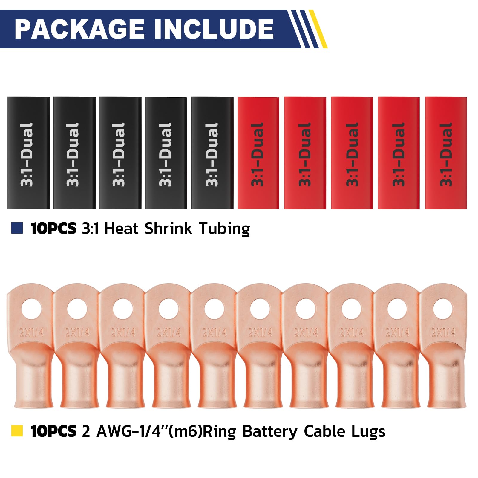 Haisstronica 2 AWG-1/4" M6 battery cable terminal ends, 10PCS, 3:1 dual-wall tubing for corrosion resistance.