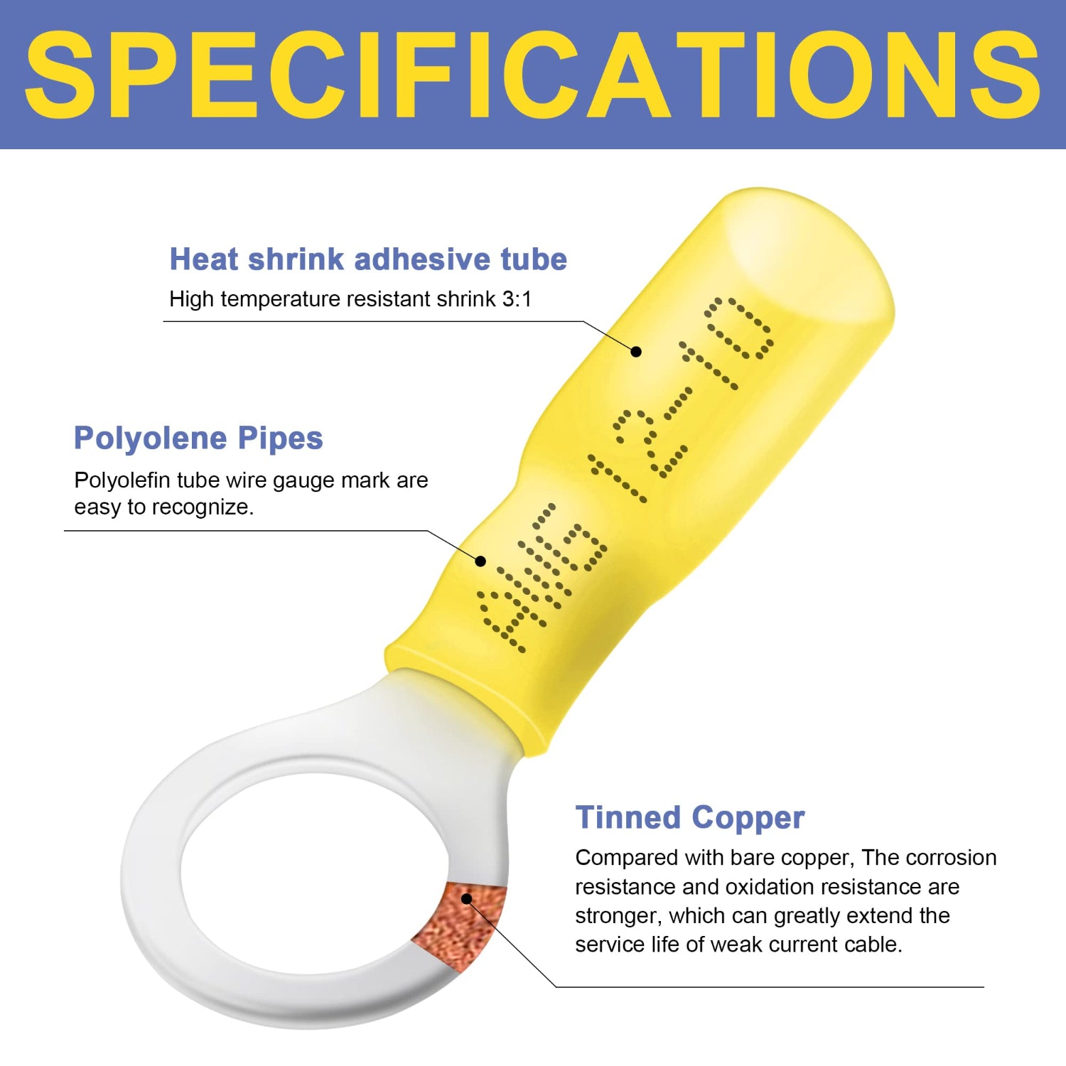 Haisstronica heat shrink crimp terminals with tinned copper and 3:1 shrink ratio for corrosion-resistant electrical connections.