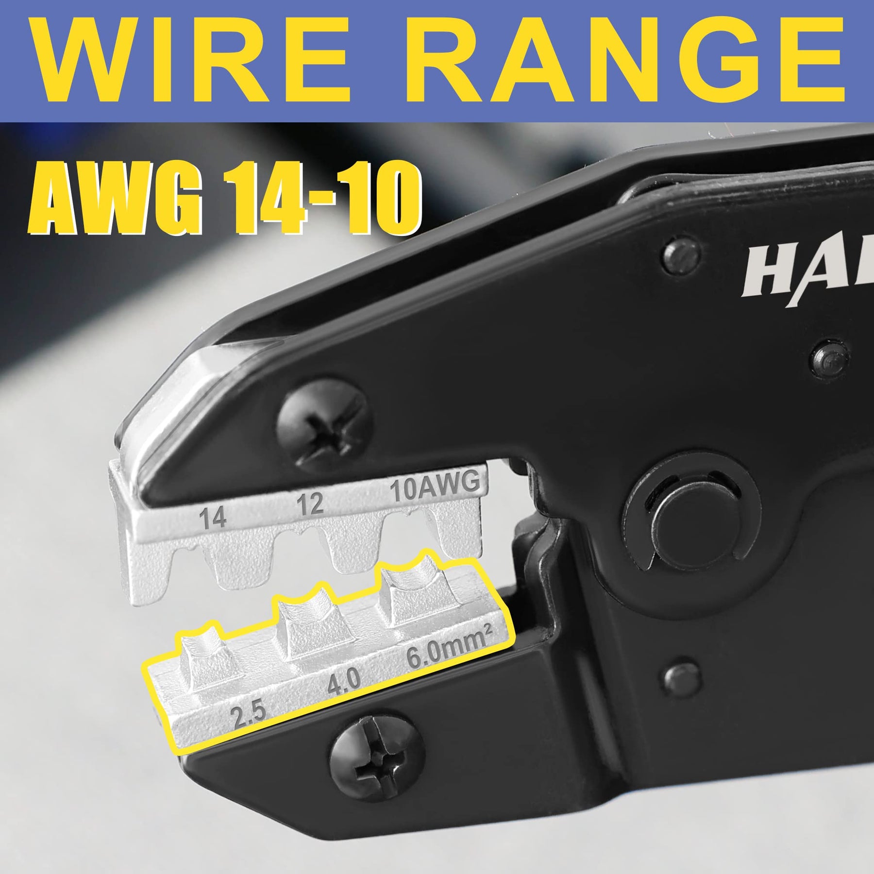 Haisstronica crimp tool die set compatible with AWG 14-10 cables (6.0mm²) for industrial wiring.