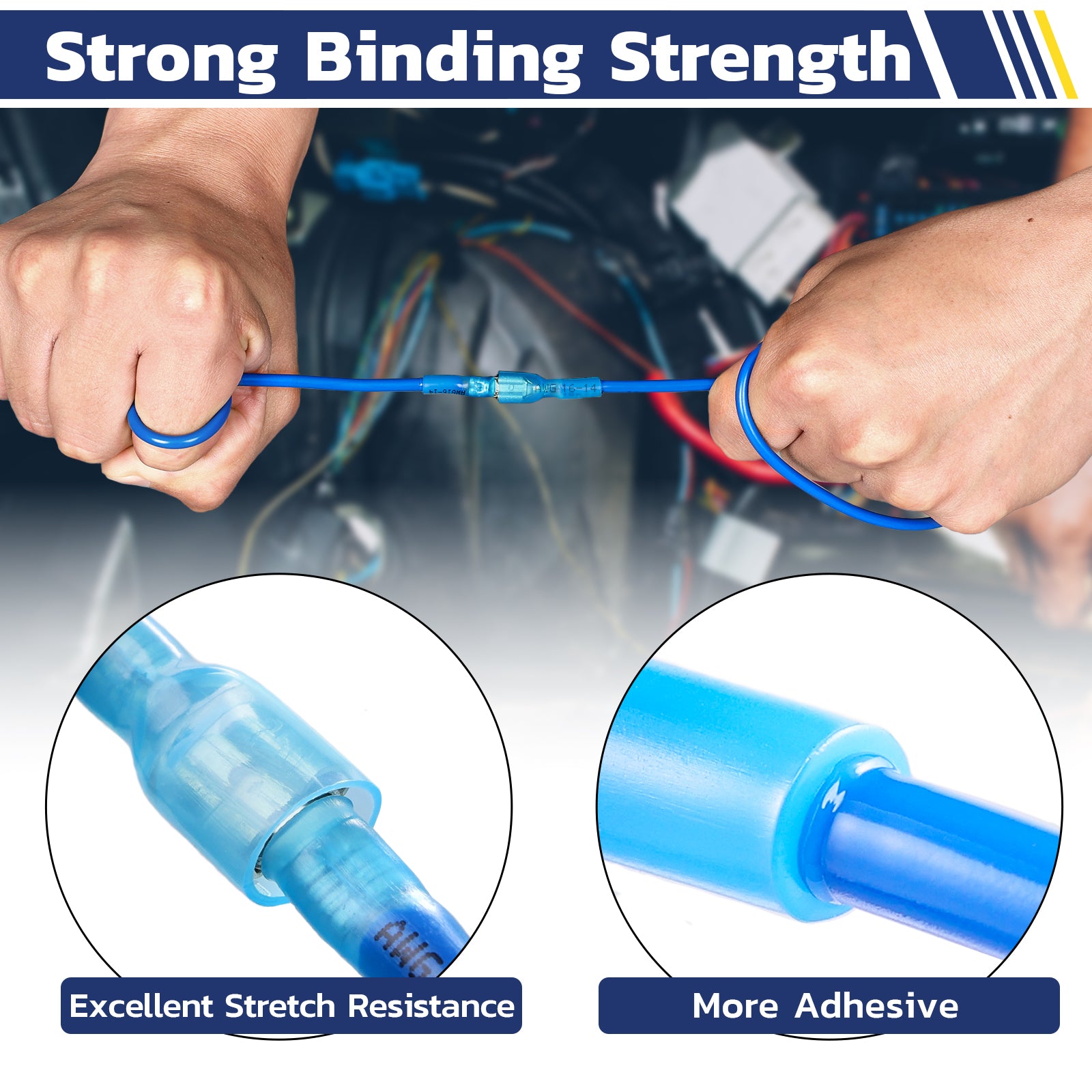 Haisstronica heat shrink electrical terminals with strong adhesive and stretch-resistant tubing.