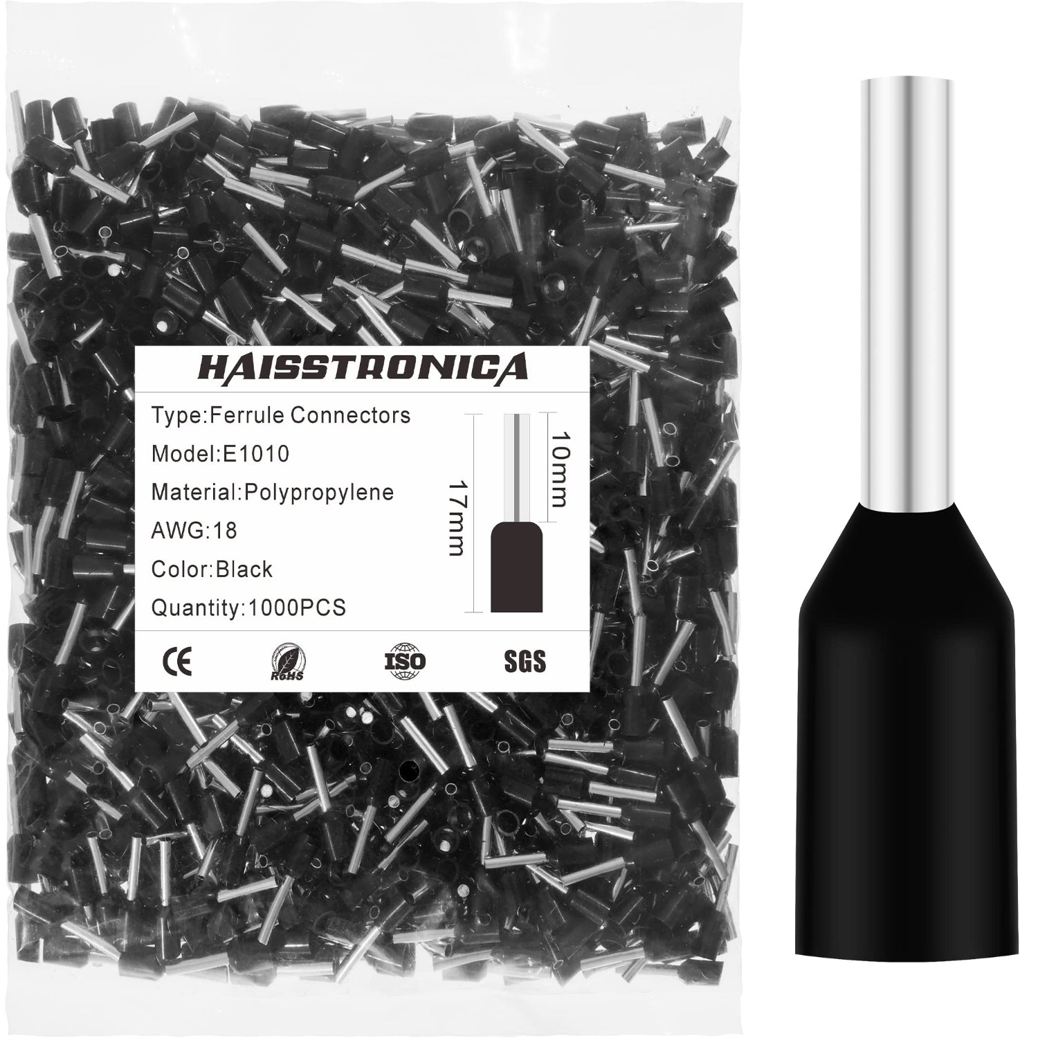 Haisstronica E1010 black ferrule terminal, AWG 18, 1000PCS, polypropylene, designed for robust electrical crimps.