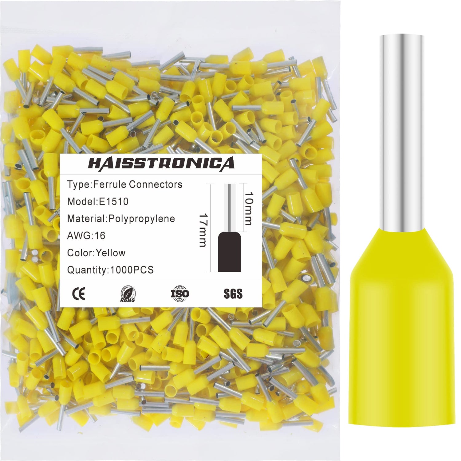 Haisstronica E1510 yellow ferrule terminal, AWG 16 1000PCS, SGS-certified for high-performance electrical use.