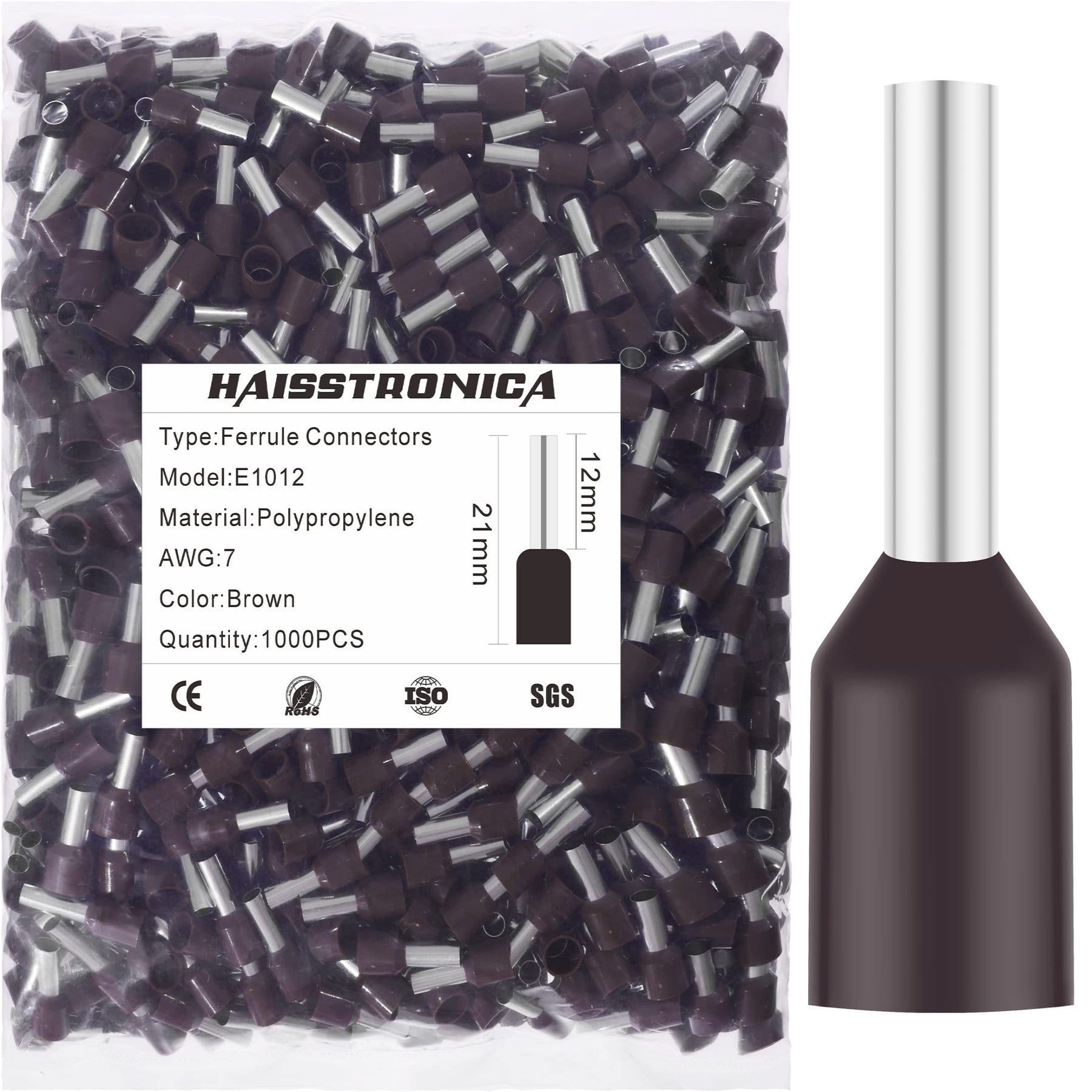 Haisstronica E1012 white wire end ferrule, AWG 7, 12mm, 1000PCS, SGS-certified for precision applications.