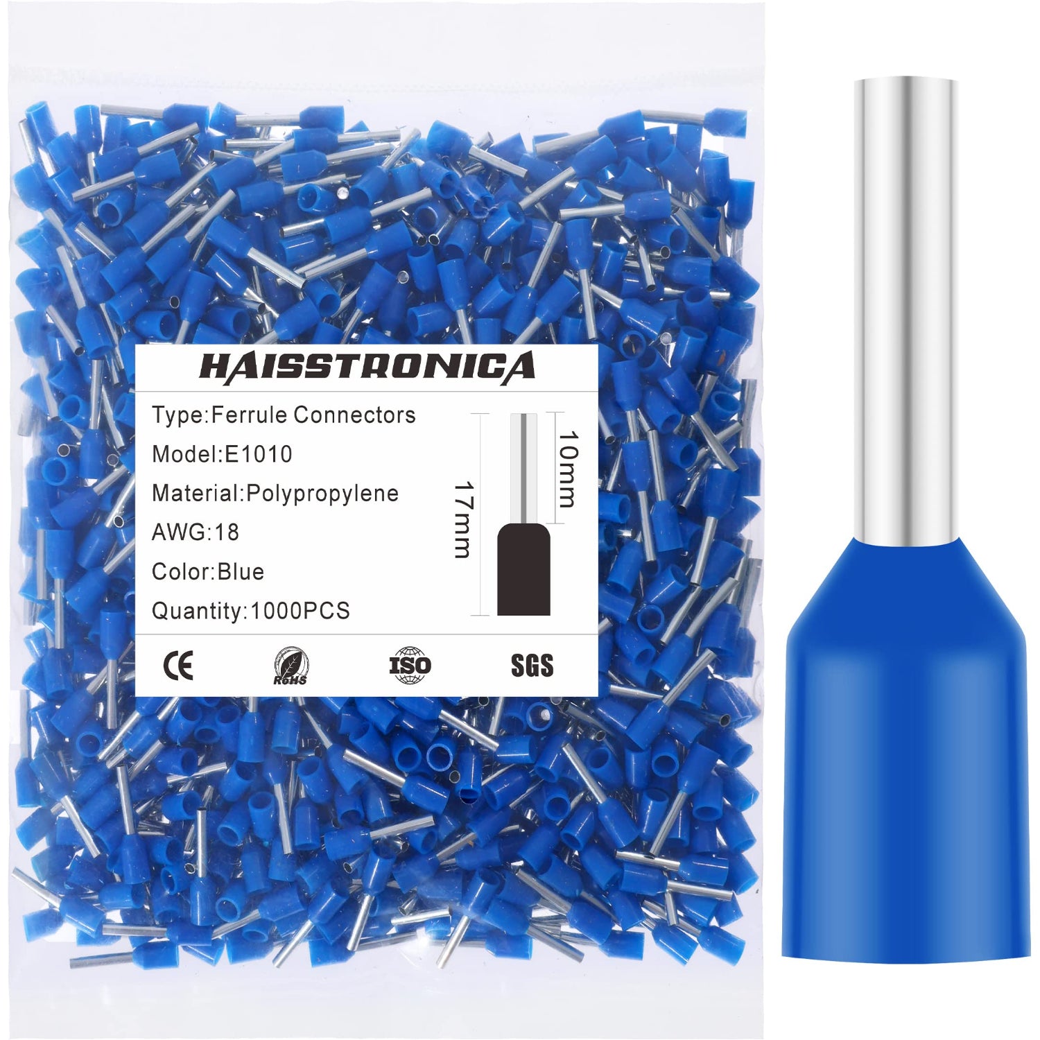 Haisstronica E1010 blue polypropylene ferrule for wire, AWG 18, 1000PCS, SGS-certified reliability.