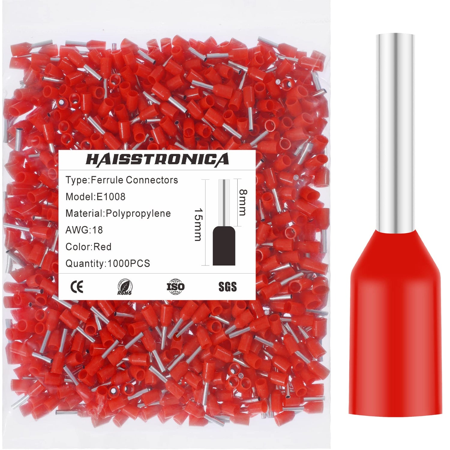 Haisstronica E1008 red ferrule wire connectors, AWG 18, 1000PCS, ISO/SGS-certified for industrial applications.