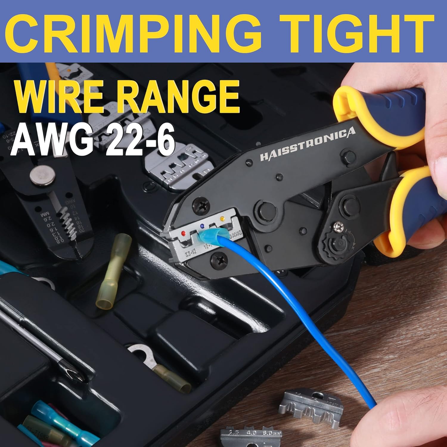 Haisstronica crimping tool set for AWG 22-6 wires, featuring a heavy-duty design for secure and tight electrical connections.