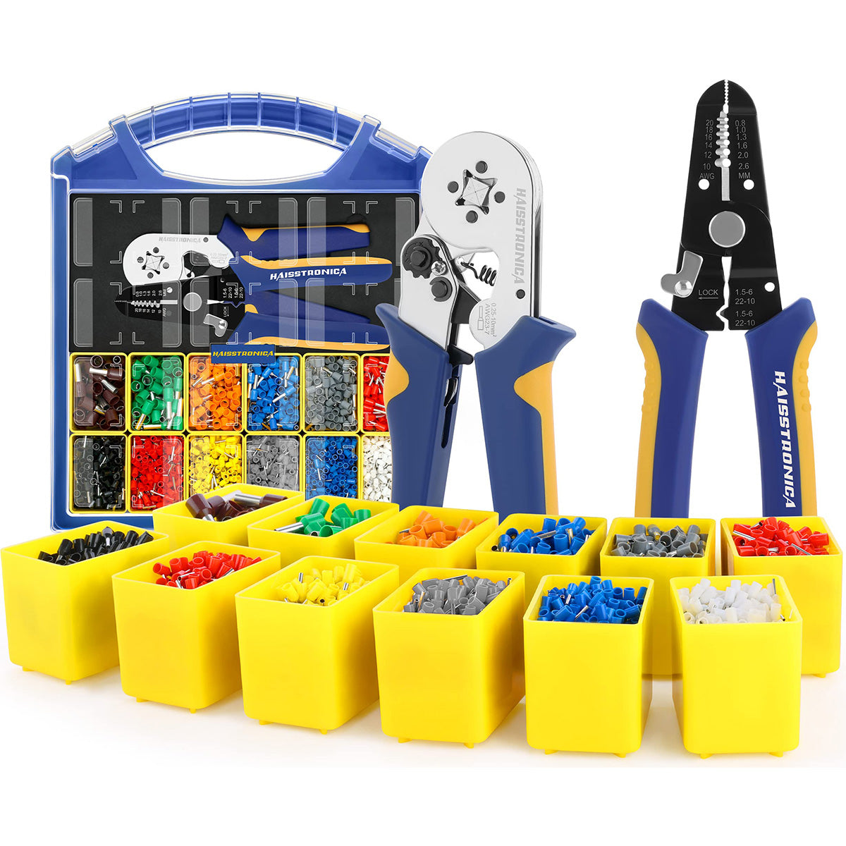 Haisstronica ferrule kit with crimpers, organized yellow bins with color-coded terminals, AWG 10-22.