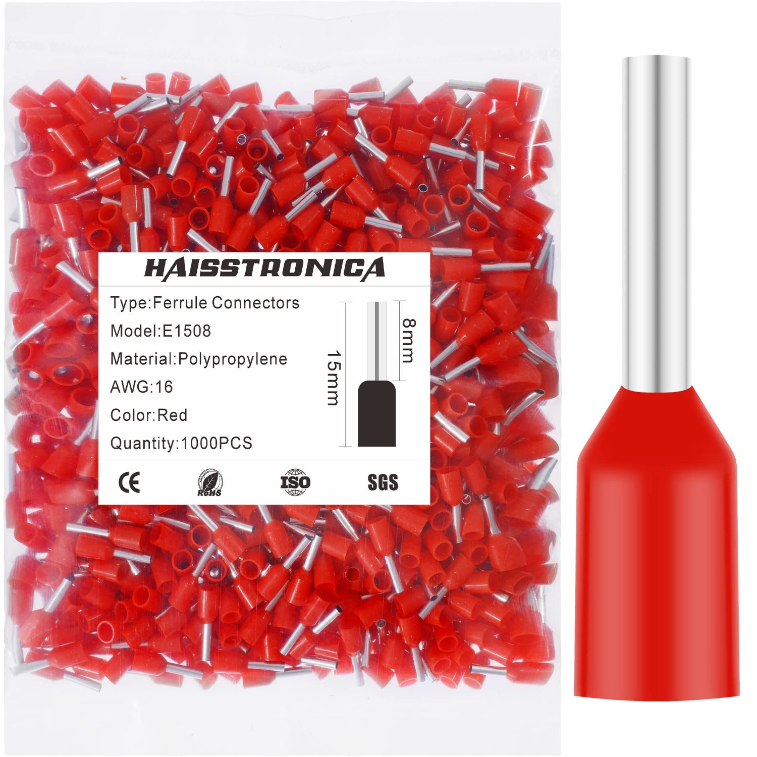 Haisstronica E1508 red ferrule wire connectors, AWG 16, 1000PCS, ISO/SGS-certified for durability.