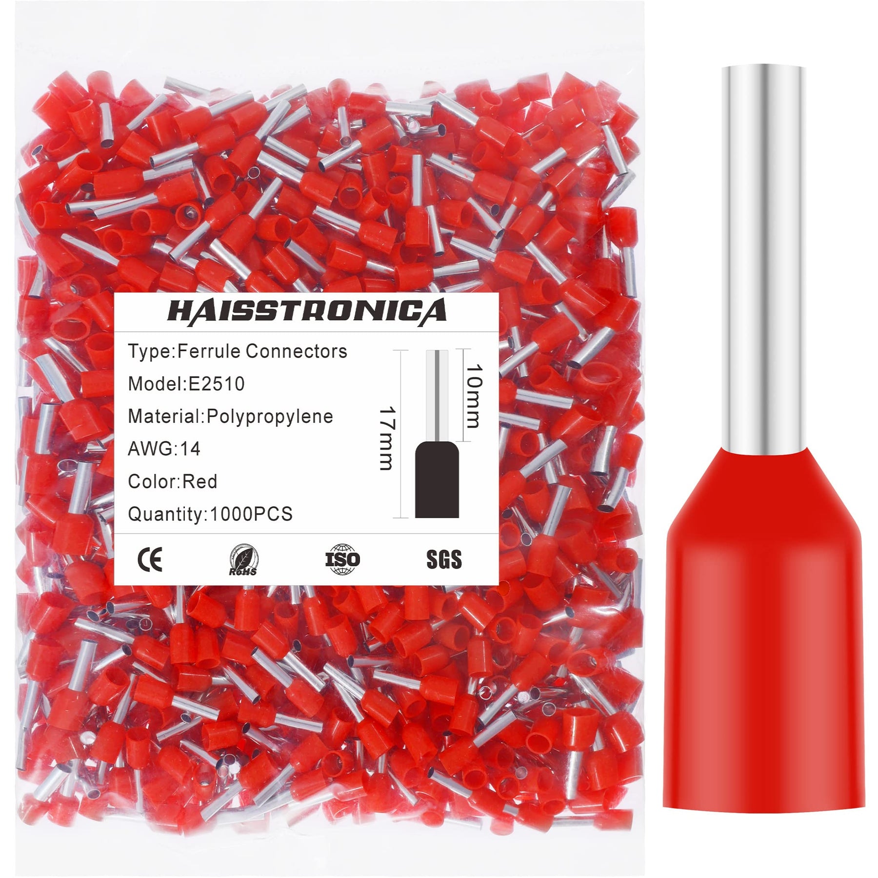 Haisstronica E2510 red wire end ferrule, AWG 14, 10mm, 1000PCS, polypropylene, ISO/SGS-certified durability.