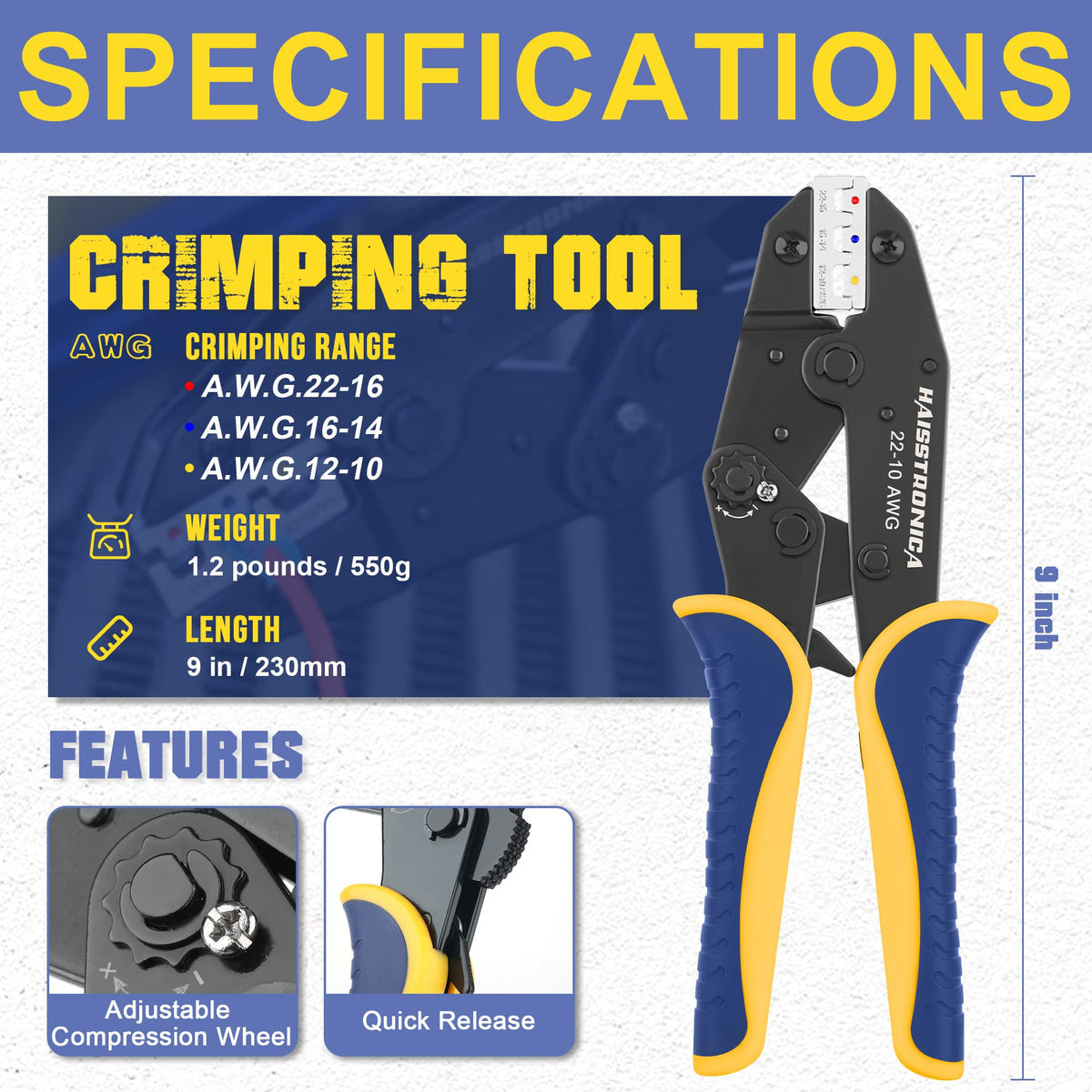 Haisstronica Wire Crimping Tool - Black with blue/yellow handles, AWG 22-10. Compact design