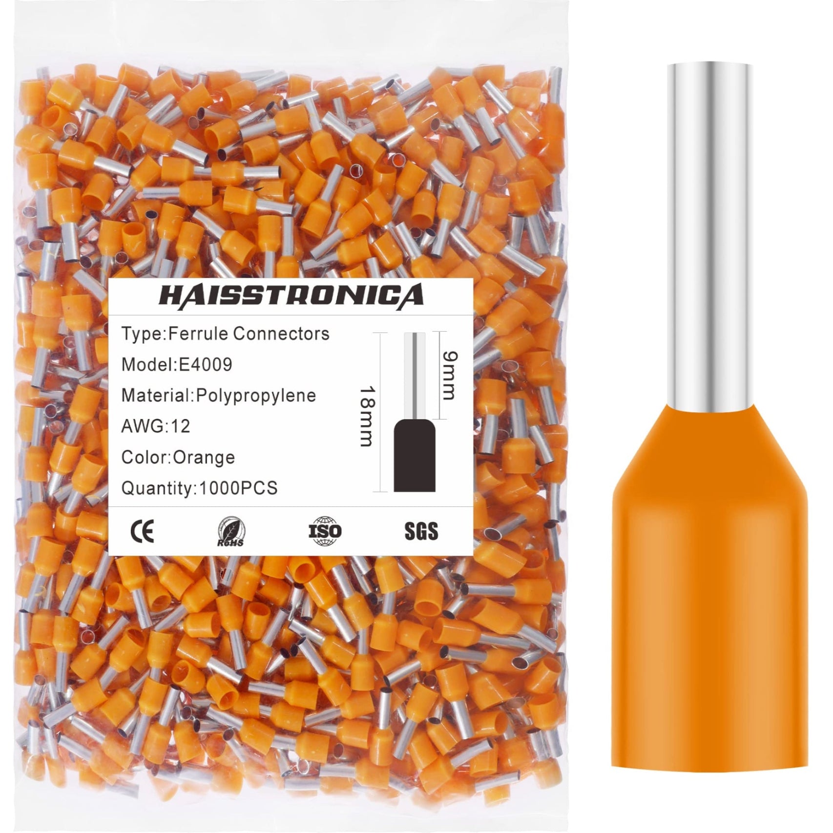 Haisstronica E4009 orange ferrule wire connectors, AWG 12, 1000PCS, high-visibility polypropylene terminals.