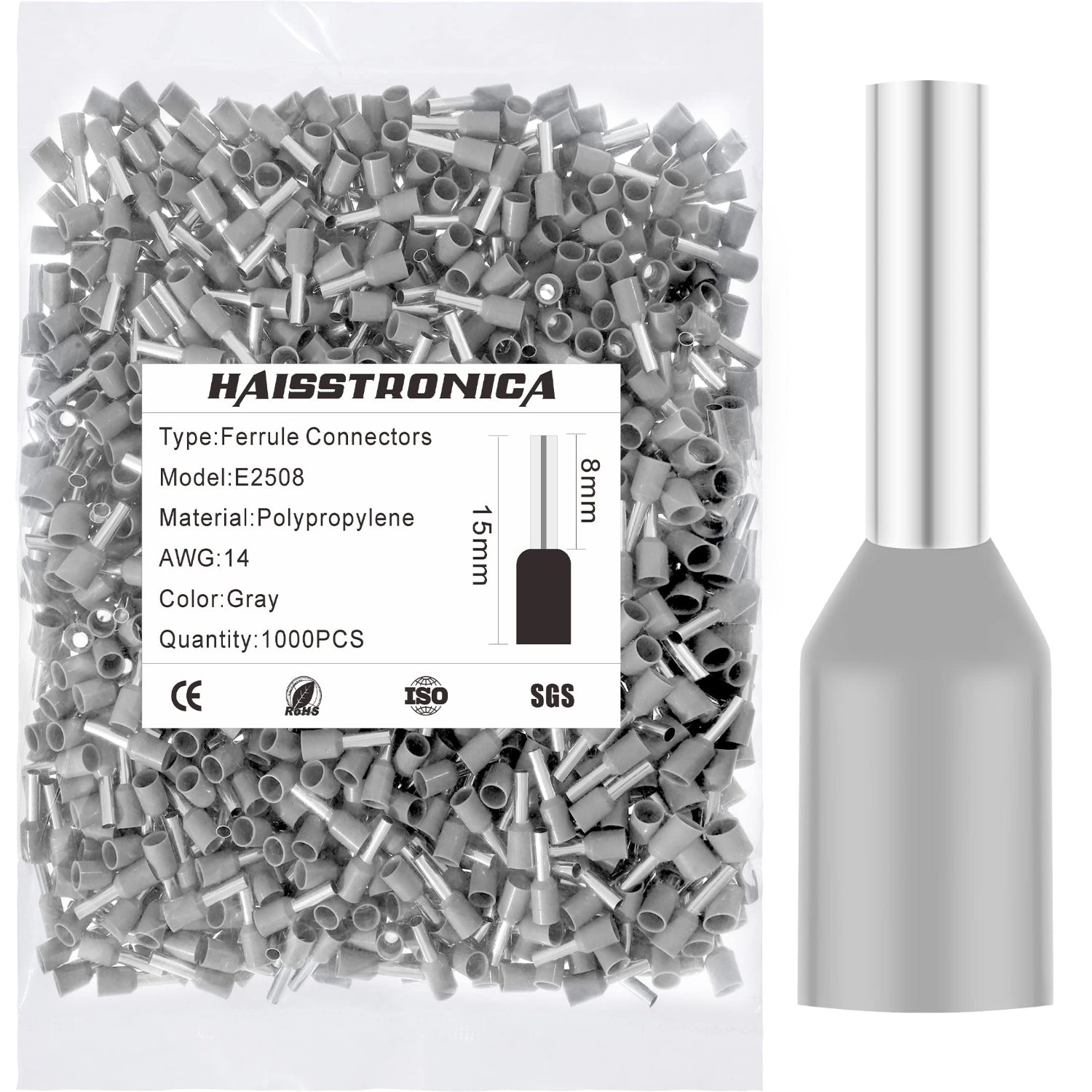 Haisstronica E2508 gray ferrule terminal, AWG 14, polypropylene, 1000PCS, for industrial electrical connections.