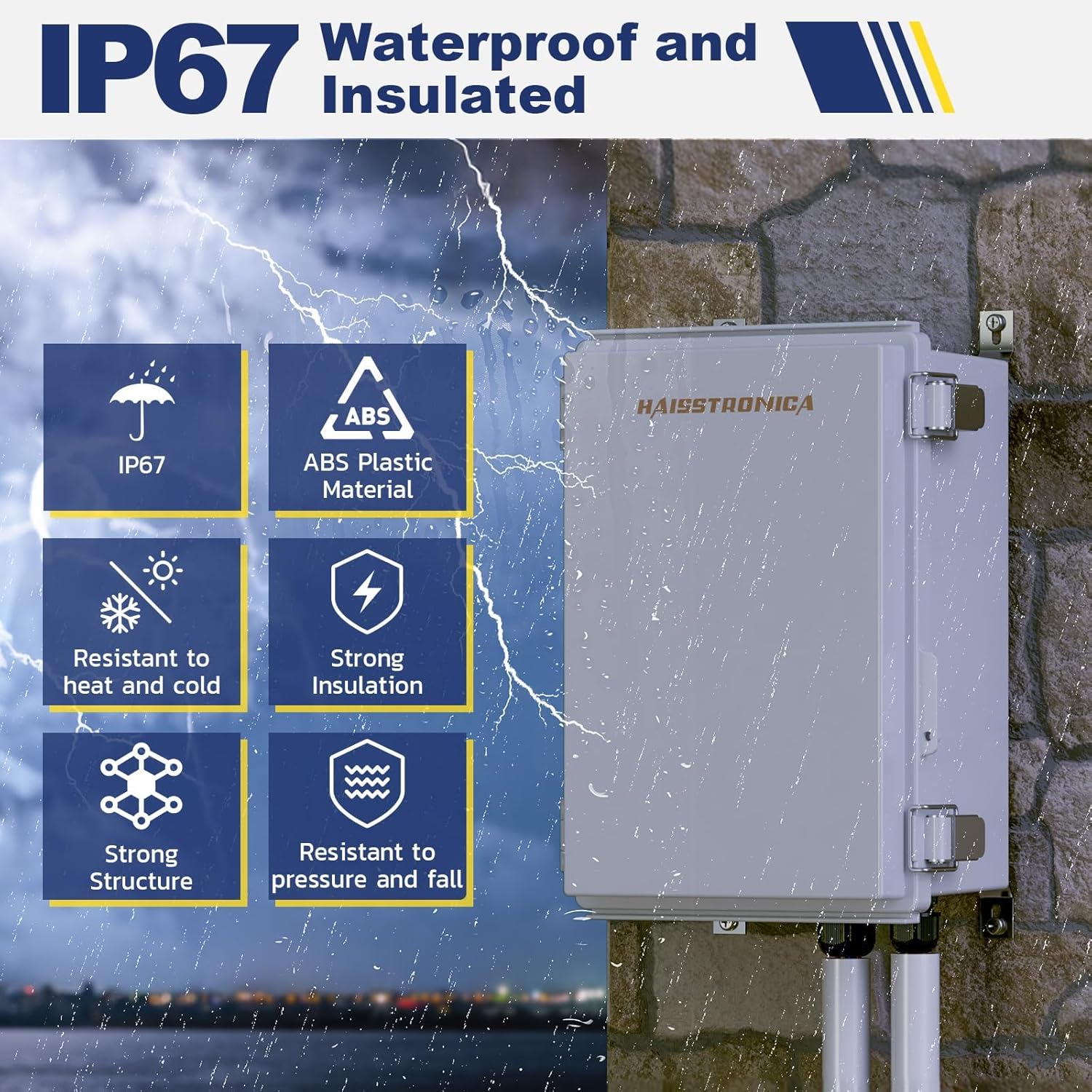 Haisstronica IP67-rated ABS plastic electrical box, heat/cold resistant, insulated, and pressure-proof for harsh environments.