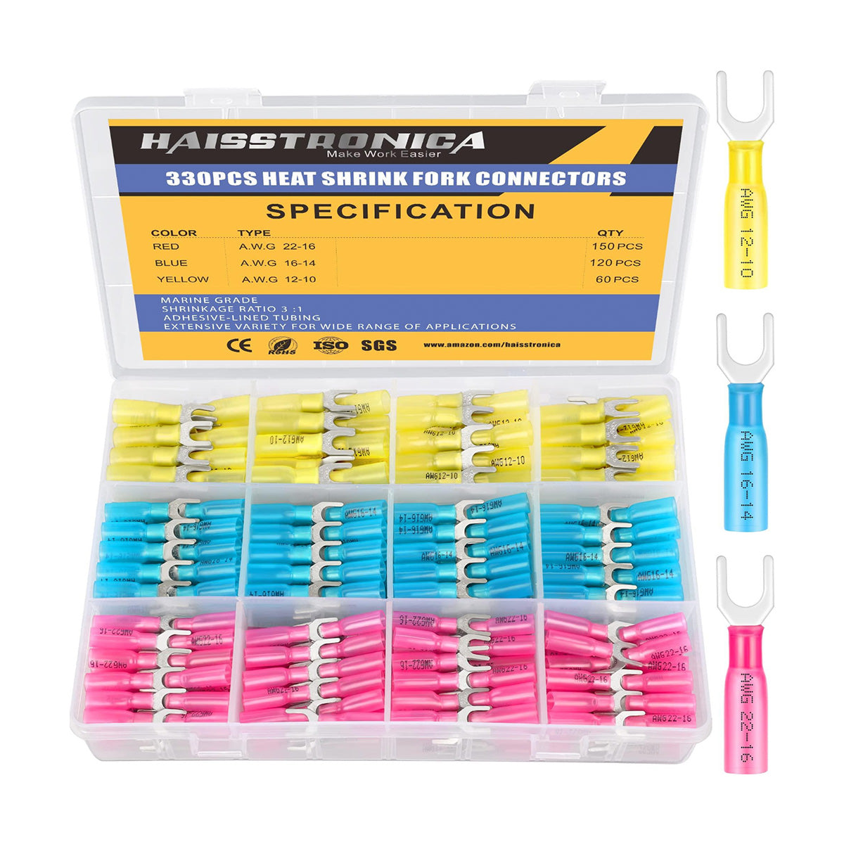 Haisstronica fork connectors (330pcs), marine-grade with 3:1 shrink ratio for waterproof connections.