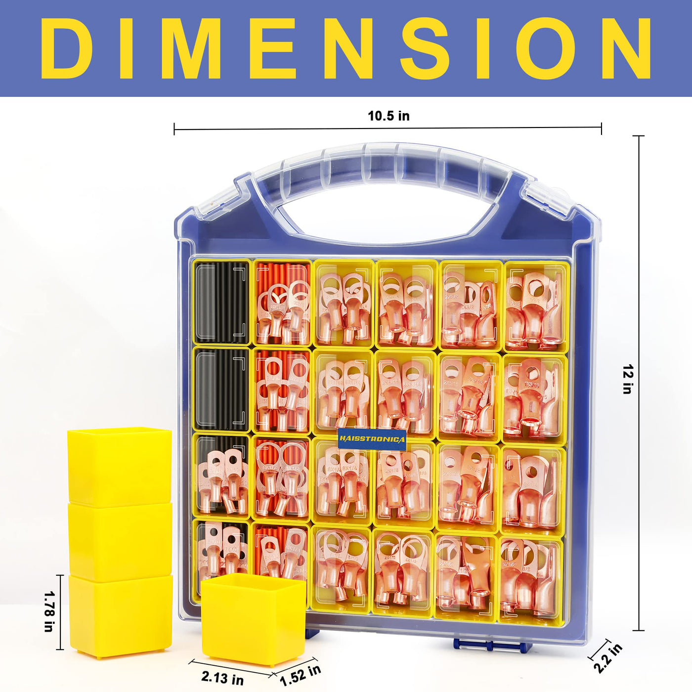 Haisstronica copper terminal connector kit, compact size (10.5 x 1.78 x 2.13 x 1.52 in) for versatile battery cable connections.