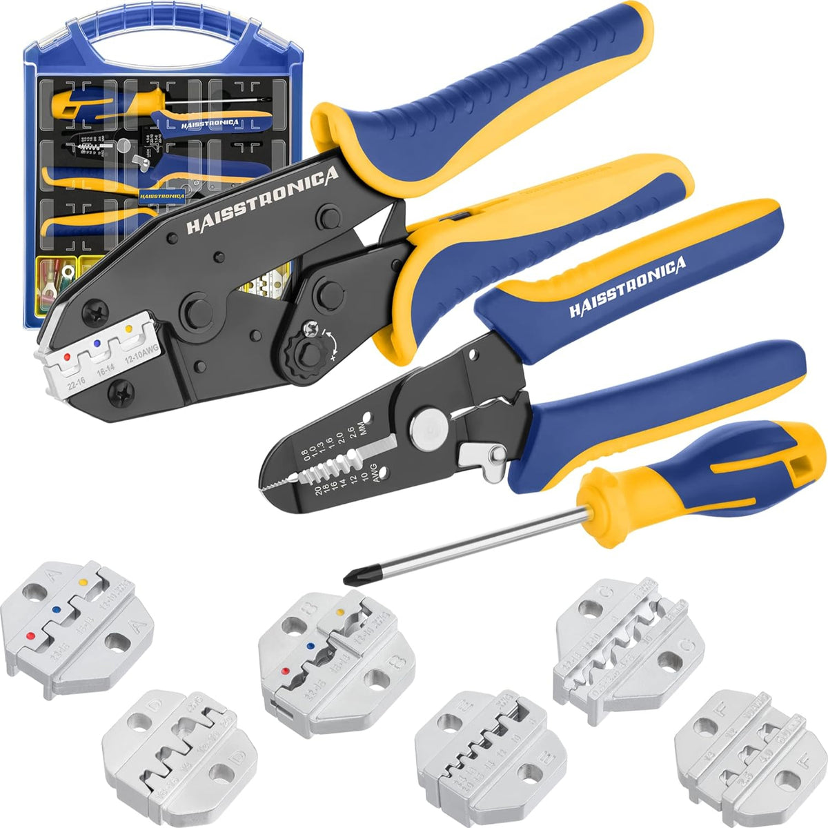 Haisstronica ratchet crimping tool set, blue/yellow handles, 22-16 AWG dies, wire stripper, 6 crimp terminal dies labeled A-F.