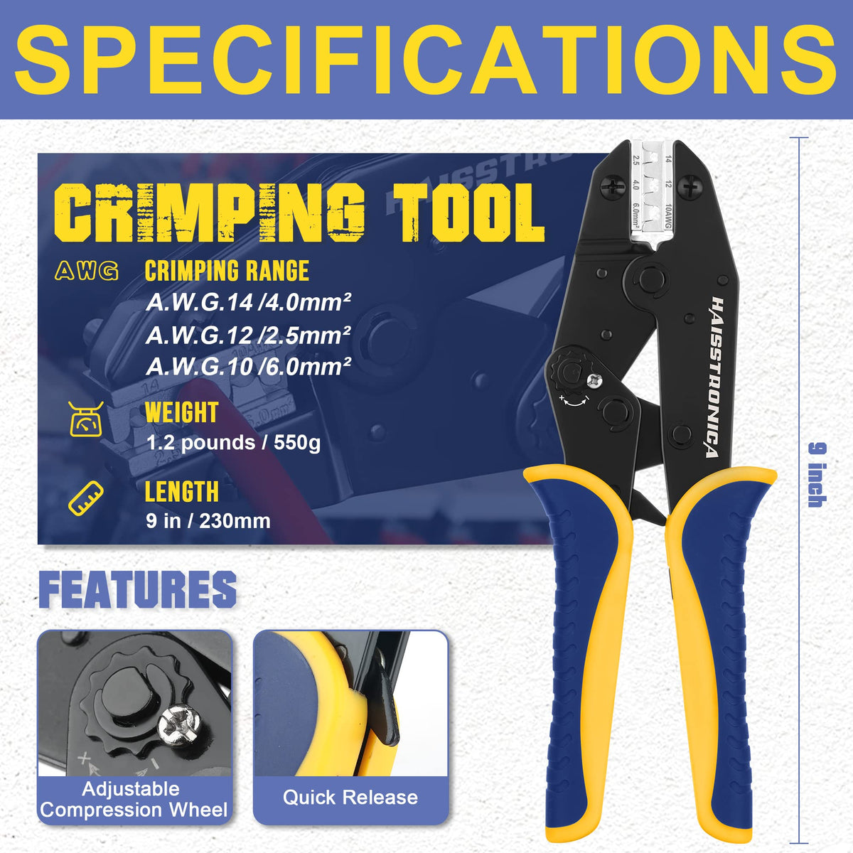 Specifications: Haisstronica solar crimper (AWG 10-14, 1.2 lbs, 9-inch length) with adjustable compression wheel.