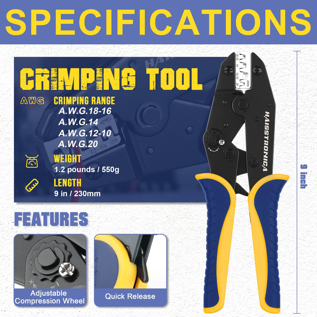 Haisstronica Crimping Tool specs: AWG 18-16,14-12-10,20". Features: adjustable wheel, quick-release. Blue/yellow design.