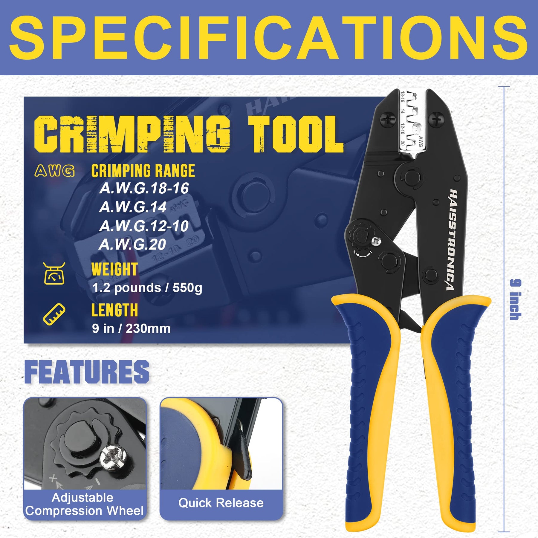 Haisstronica Crimping Tool specs: AWG 18-16,14-12-10,20". Features: adjustable wheel, quick-release. Blue/yellow design.