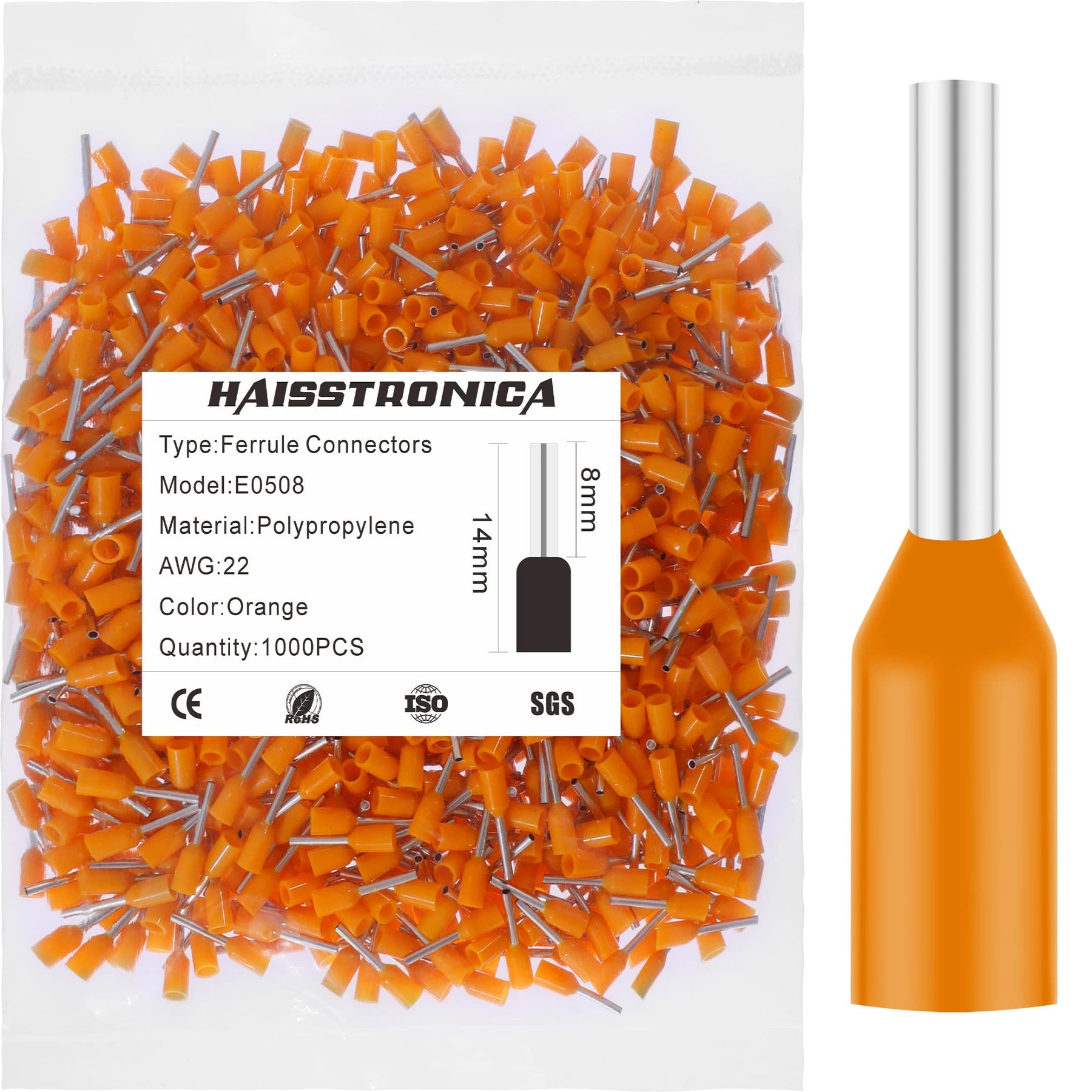 Haisstronica E0508 orange polypropylene ferrule terminals, AWG 22, 1000PCS set, ideal for precision electrical connections.