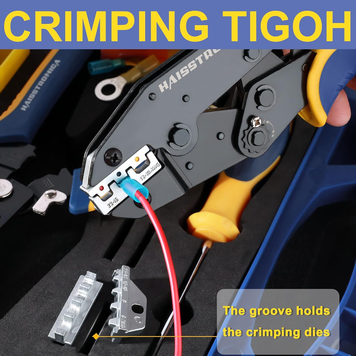 Haisstronica crimping tool die set with grooved die holders for stable crimps on solar connectors and insulated terminals.