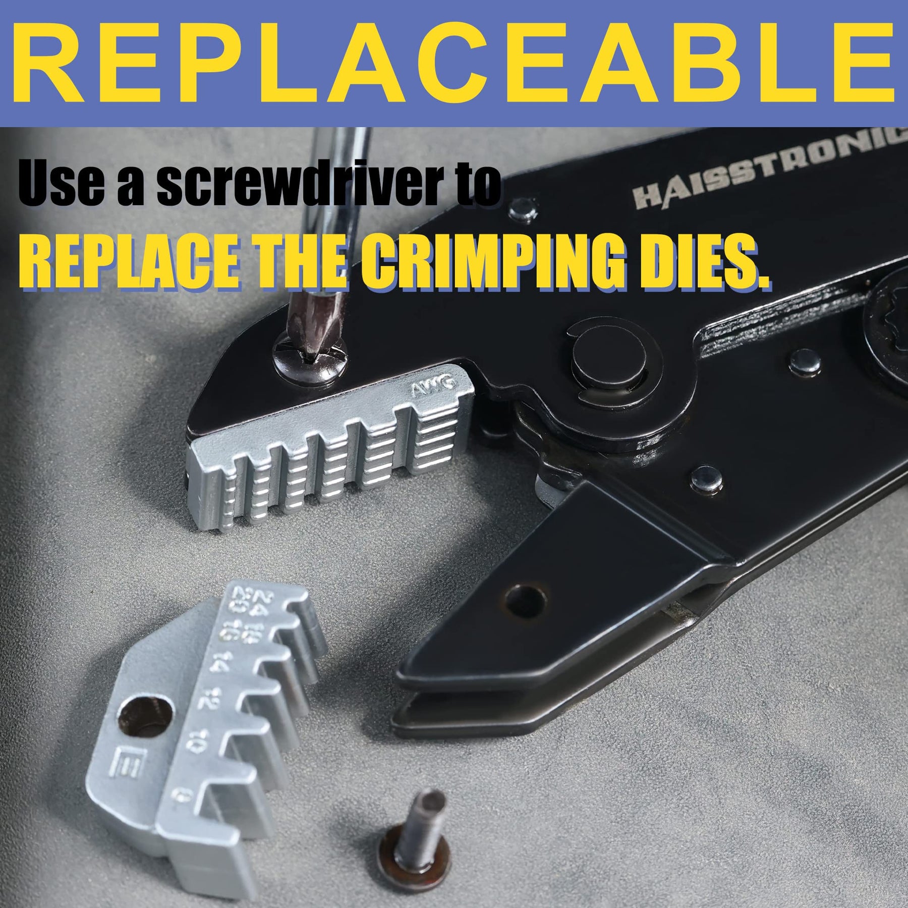 Interchangeable crimping dies for Haisstronica tool, replaceable via screwdriver.