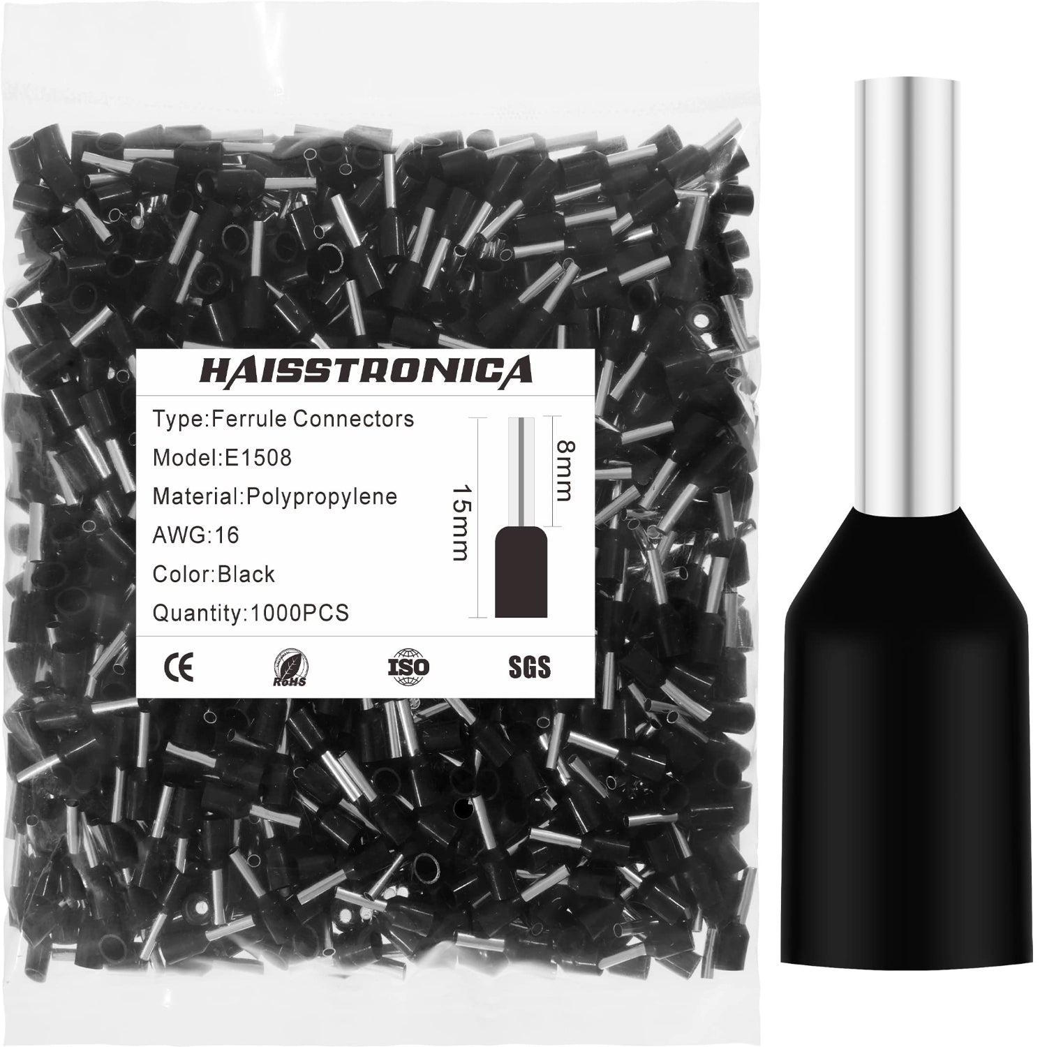 Haisstronica E1508 black wire end ferrule, AWG 16, 1000PCS, polypropylene, ensures stable wire connections.