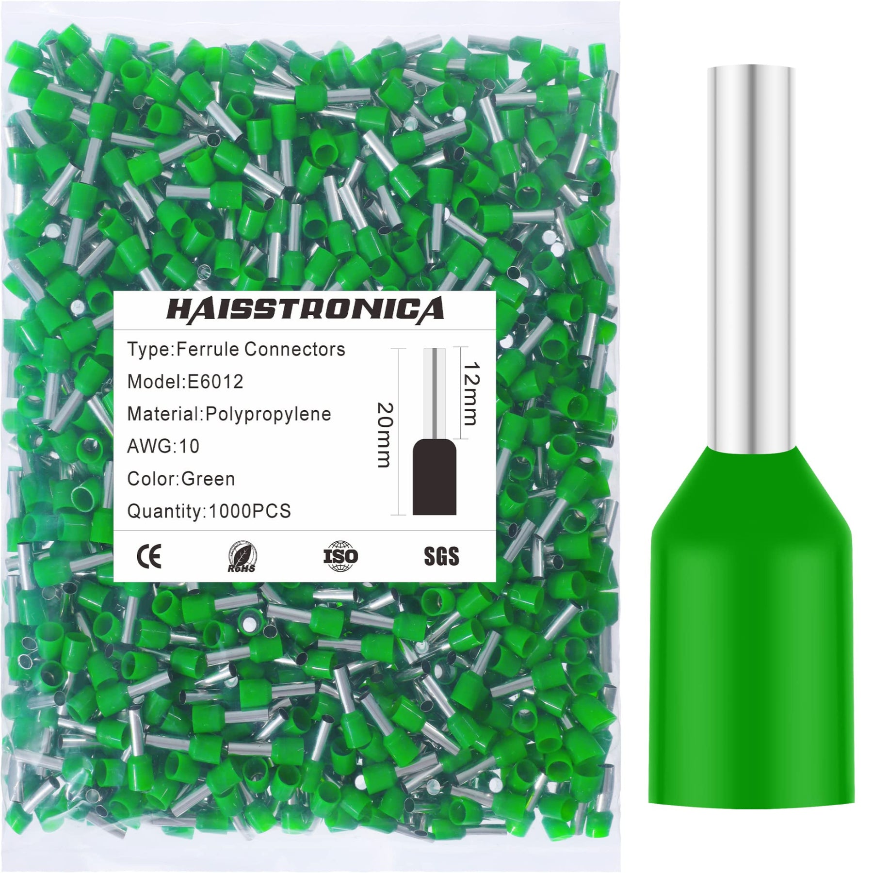 Haisstronica E6012 green ferrule for wire, AWG 10, 20mm length, 1000PCS, heavy-duty polypropylene design.