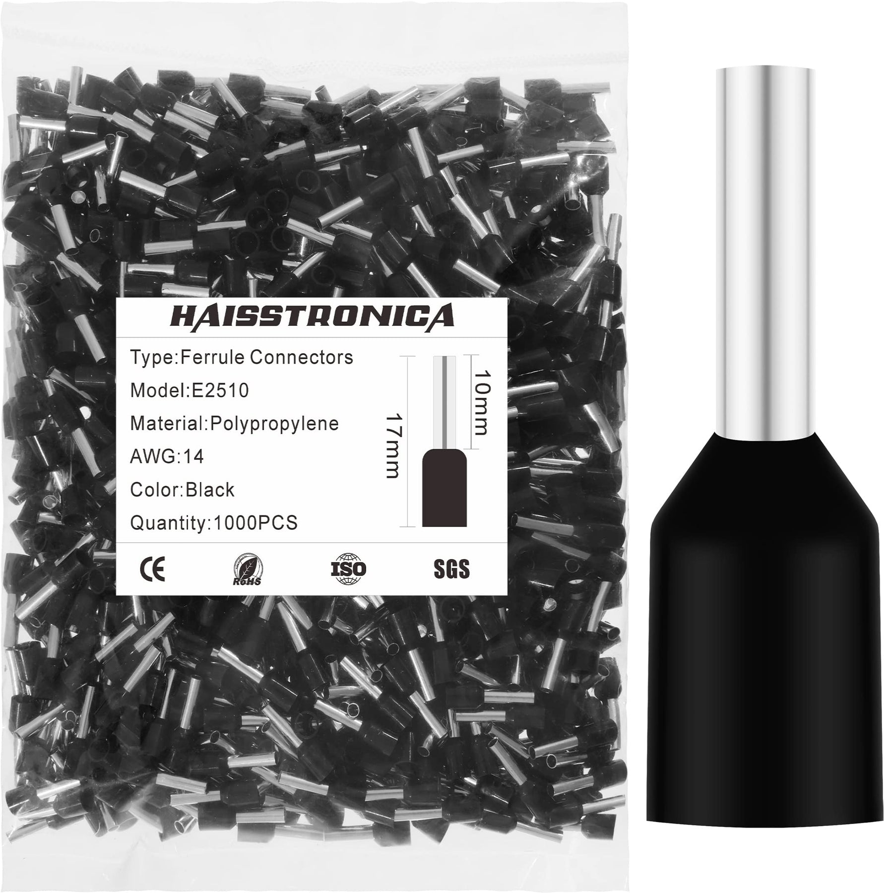 Haisstronica E2510 black ferrule terminal, AWG 14, 1000PCS, polypropylene, for secure wire crimping.