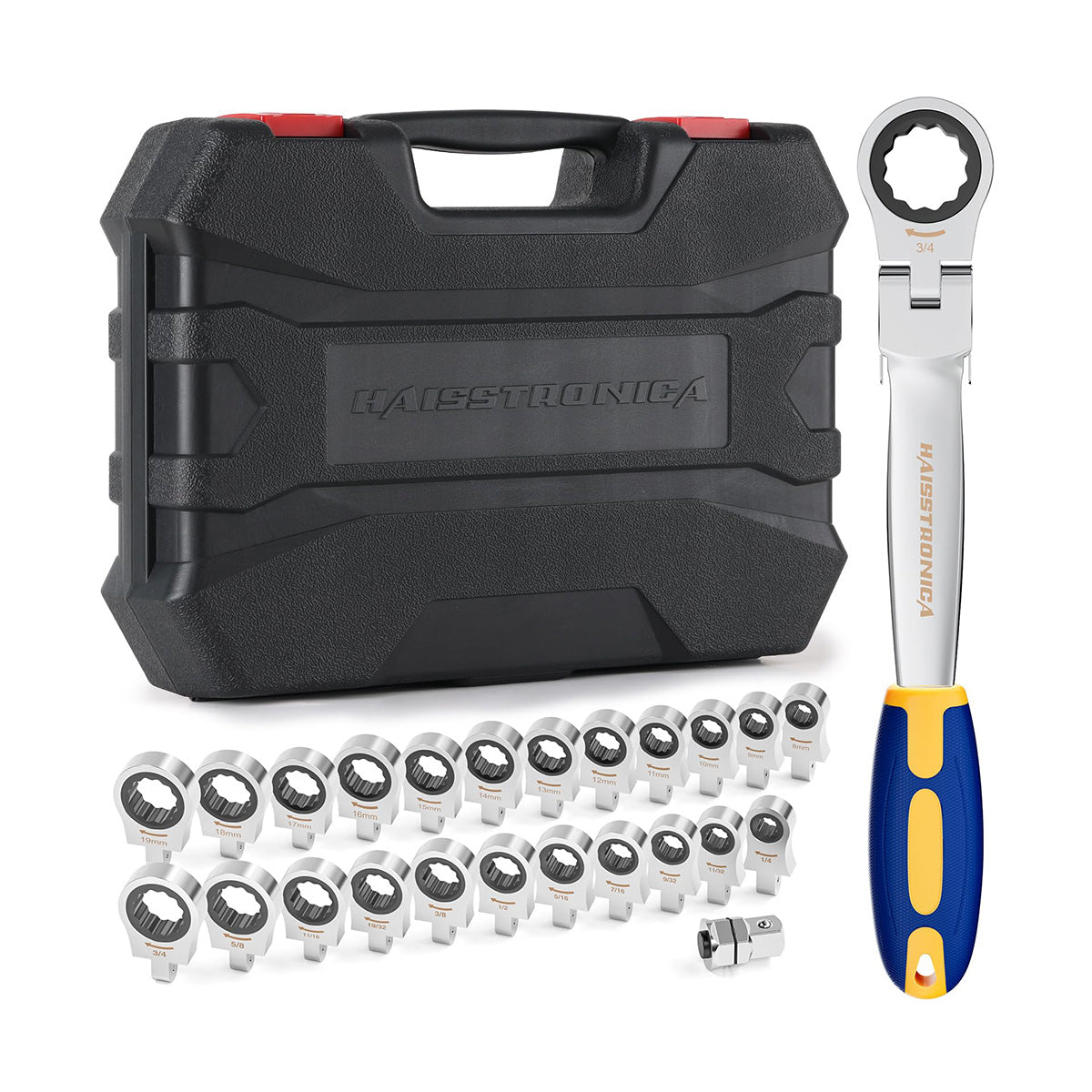 Haisstronica craftsman ratchet wrench set, silver body, 3/4" marking, folding head, black storage case, HAISSTRONICA branding.