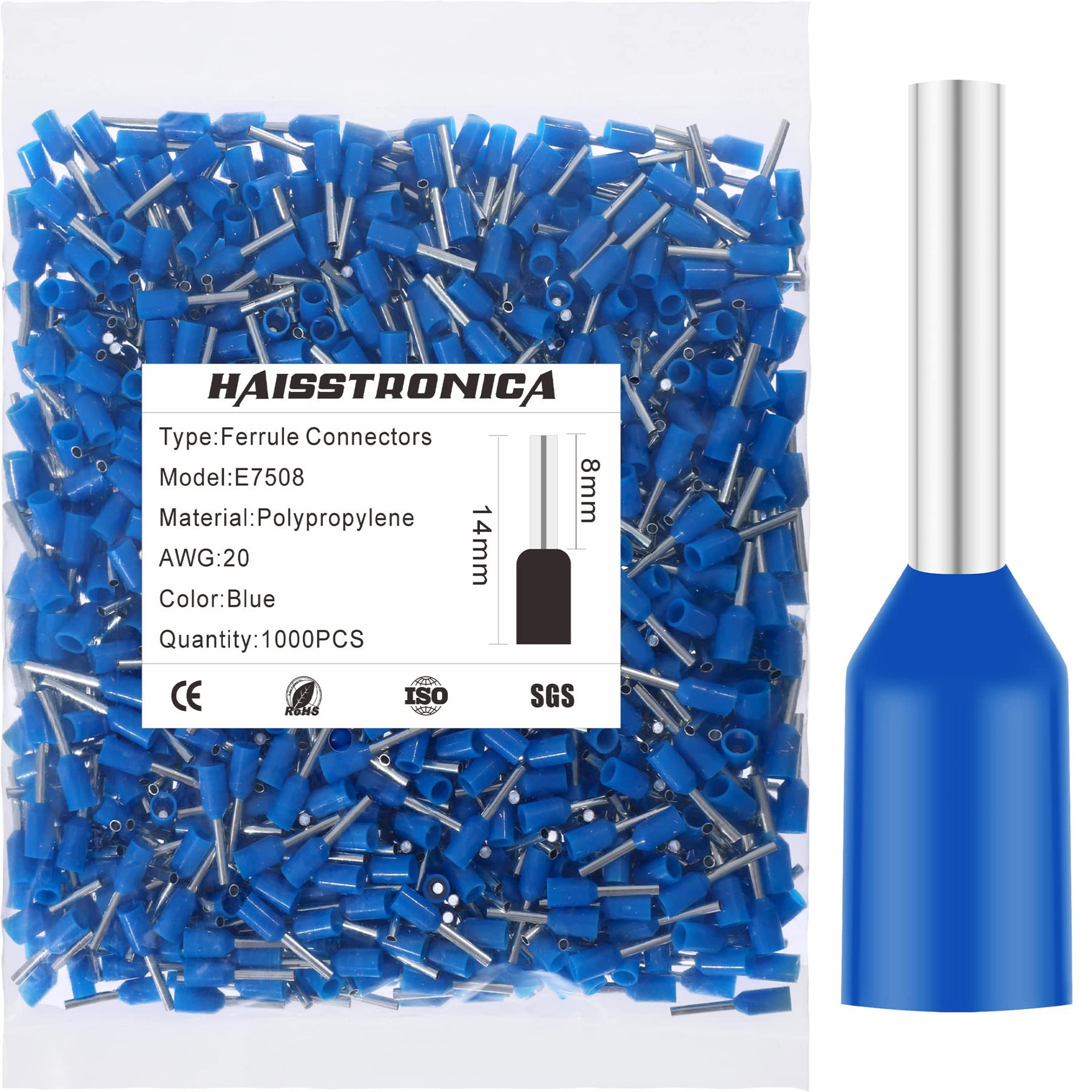 Haisstronica E7508 blue polypropylene ferrule connectors, AWG 20, 14mm length, 1000PCS pack for secure wire termination.