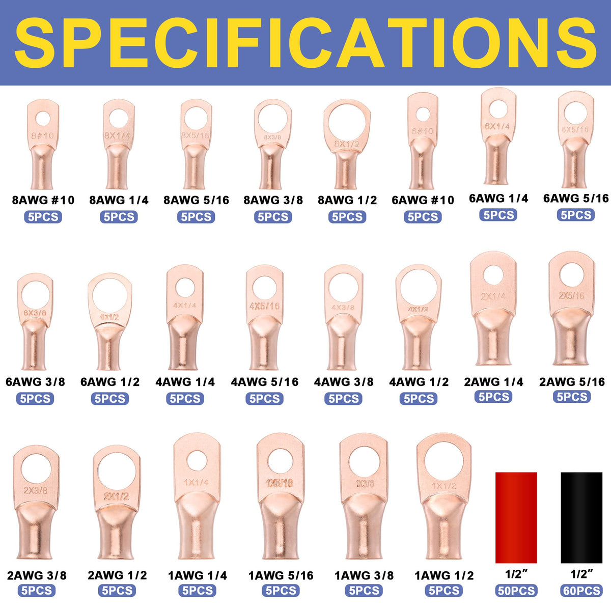 Haisstronica copper crimp connectors bundle: 8AWG-1AWG terminals in #10, 1/4’’, 5/16’’, 3/8’’, 1/2’’ sizes, 60PCS total for heavy-duty use.