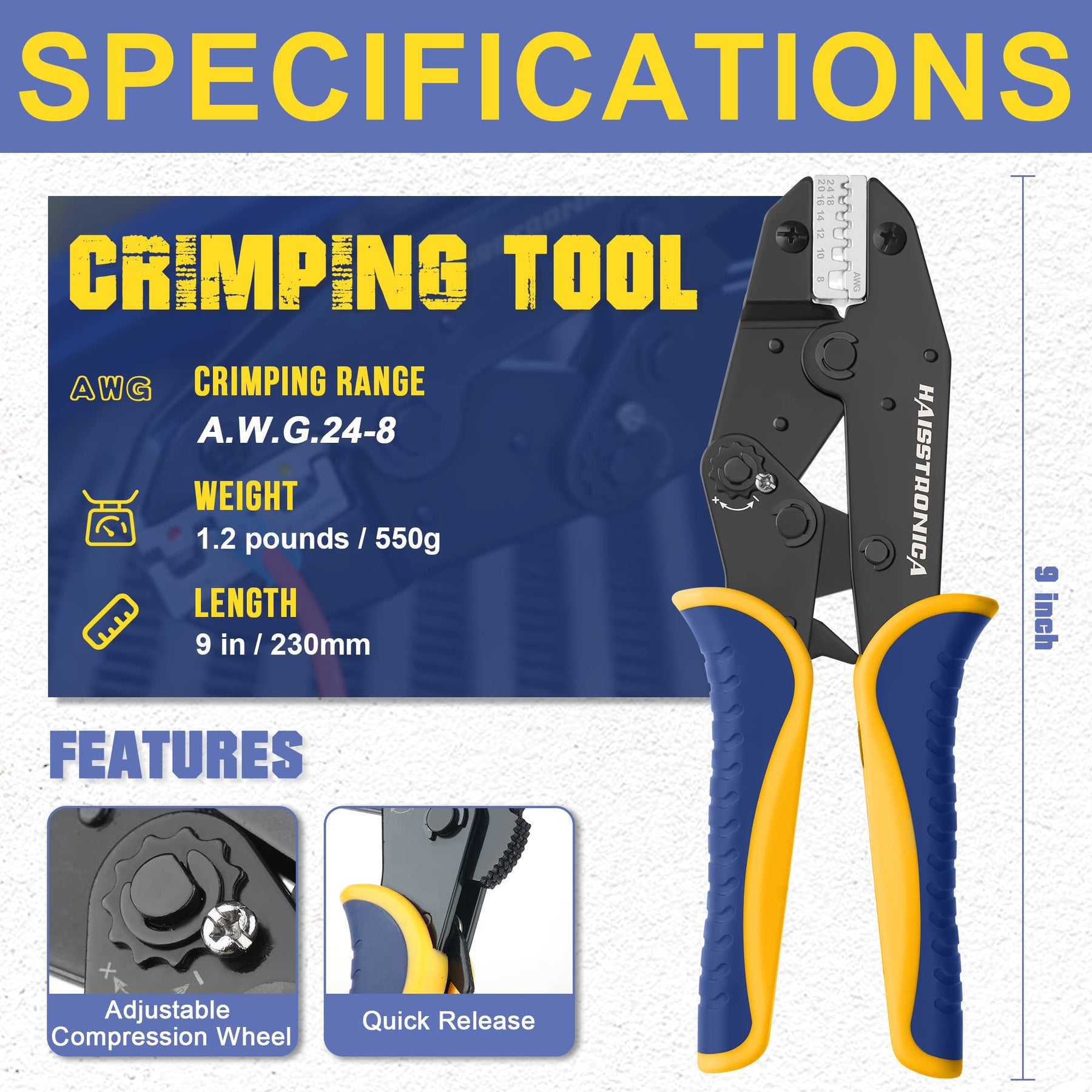 Specifications for Haisstronica Wire Crimping Tool: AWG 24-8 range, 1.2 lbs, 9-inch length, adjustable compression wheel.