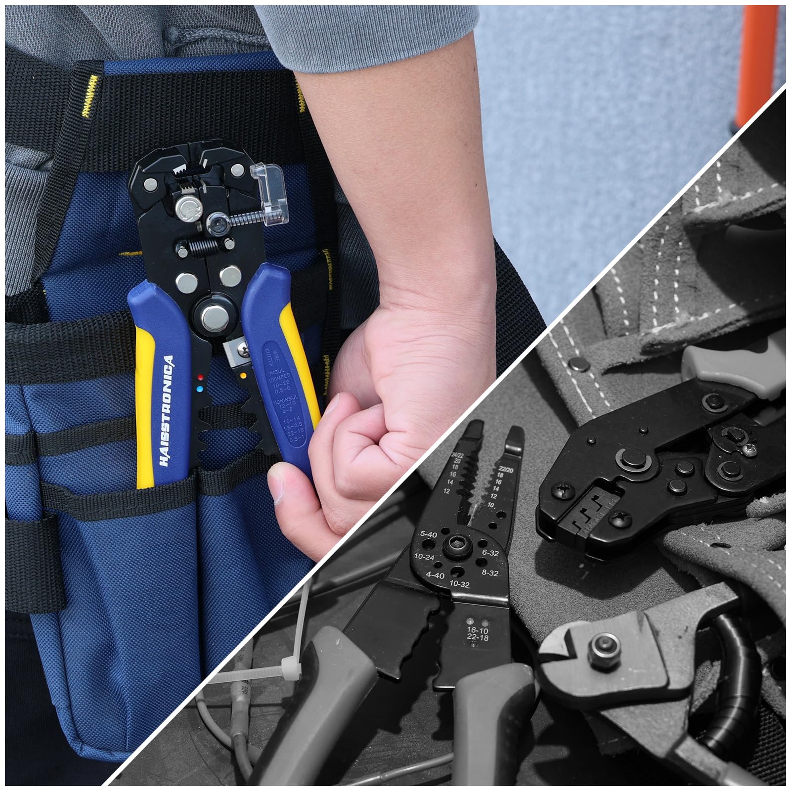 Haisstronica multi-size wire stripper compatible with 10-24 AWG and metric threads.