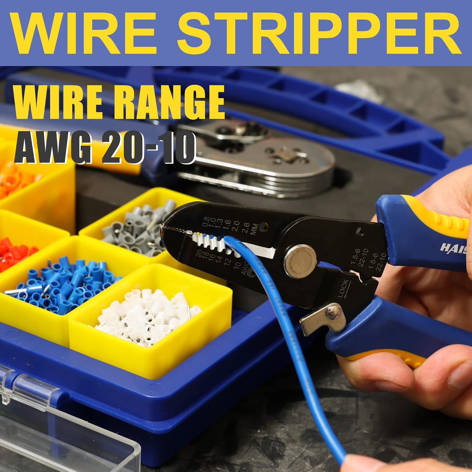 Haisstronica wire crimping set with adjustable stripping range (AWG 20-10) and integrated locking mechanism for precision work.