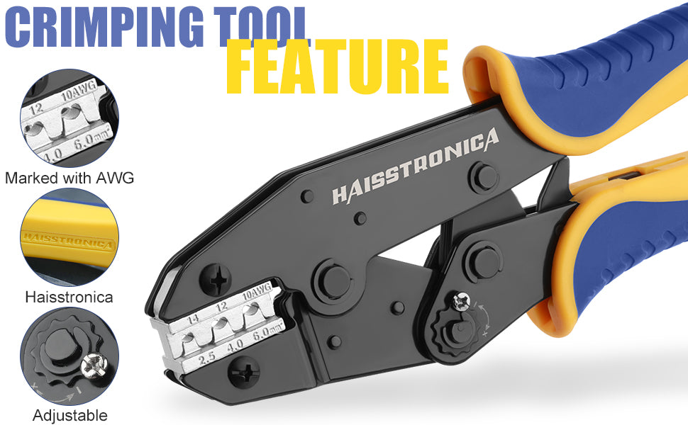 Display of wire crimping terminals beside Haisstronica plier, showing AWG gauges and an easy to adjust compression wheel